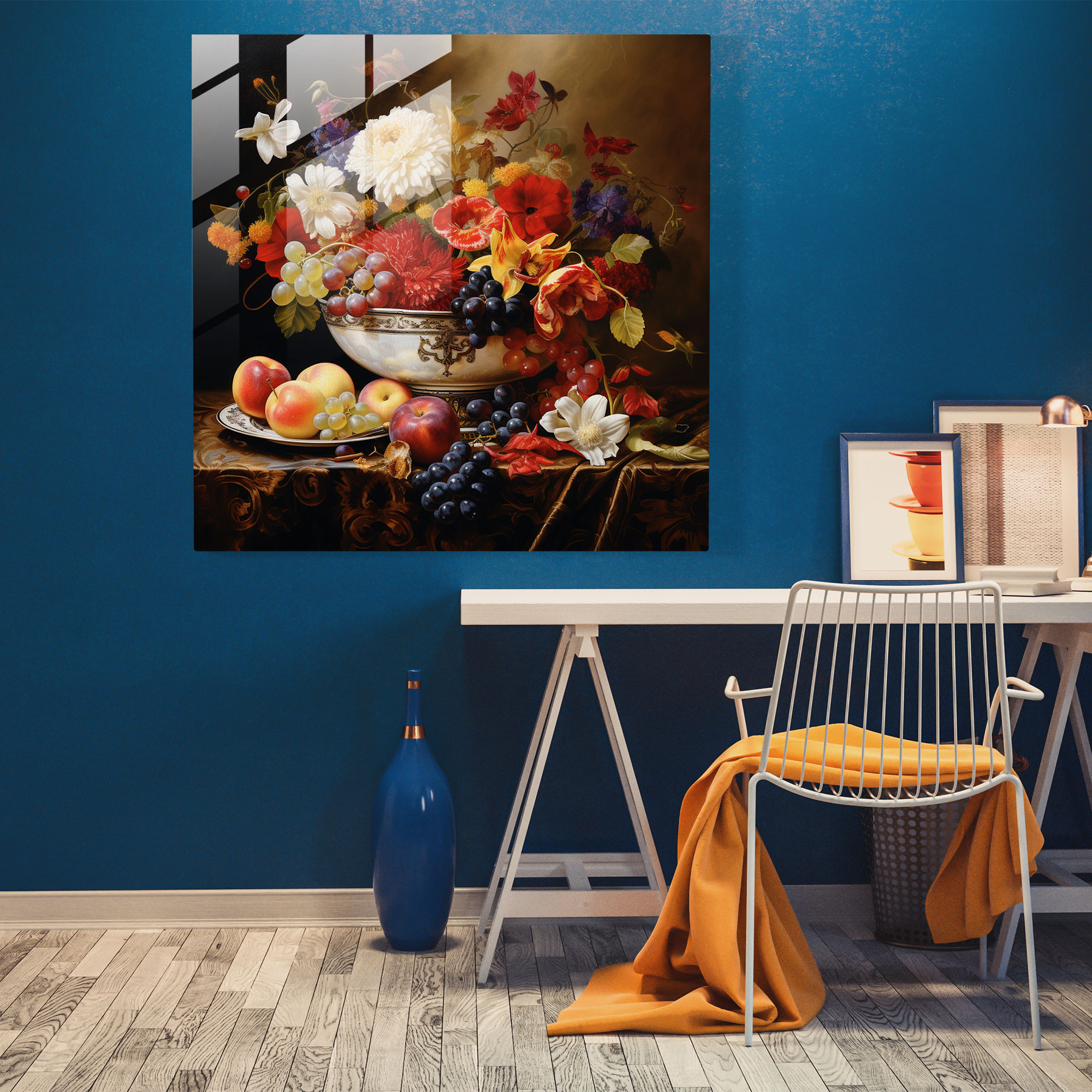 Klasik Natürmort Cam Tablo Baskı - Klasik Modern Sanat Çiçekler
