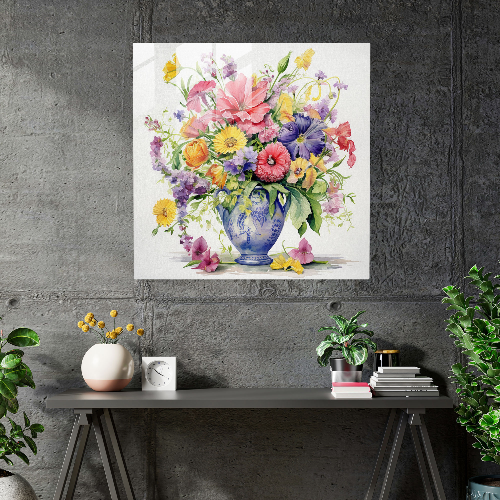 Classic Floral Glass Print - Classic, Traditional Vase, Watercolor Painting, Beauty
