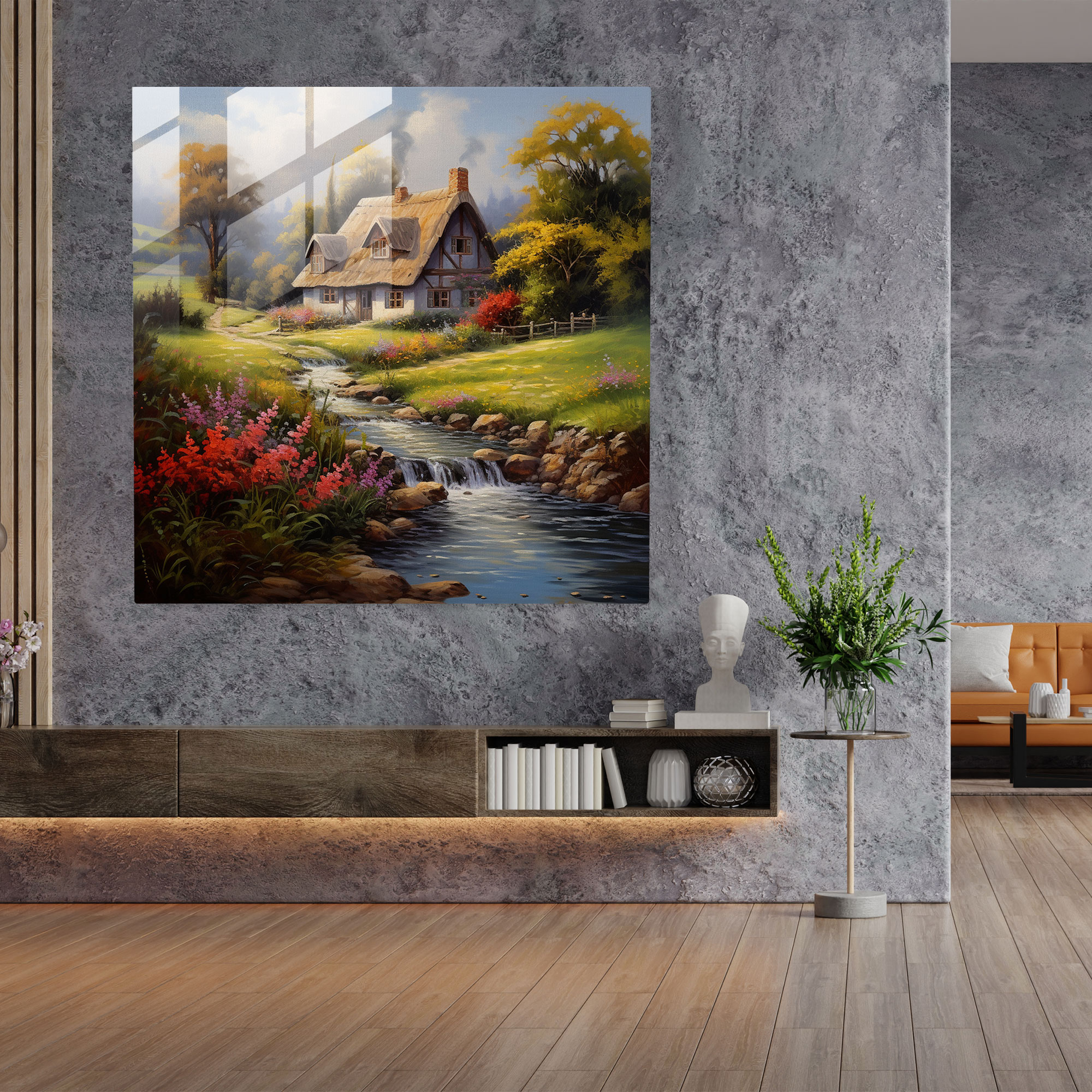 Classic Landscape Cottage Glass Print - Classic, Glass Print, Wall Decoration, Tranquility