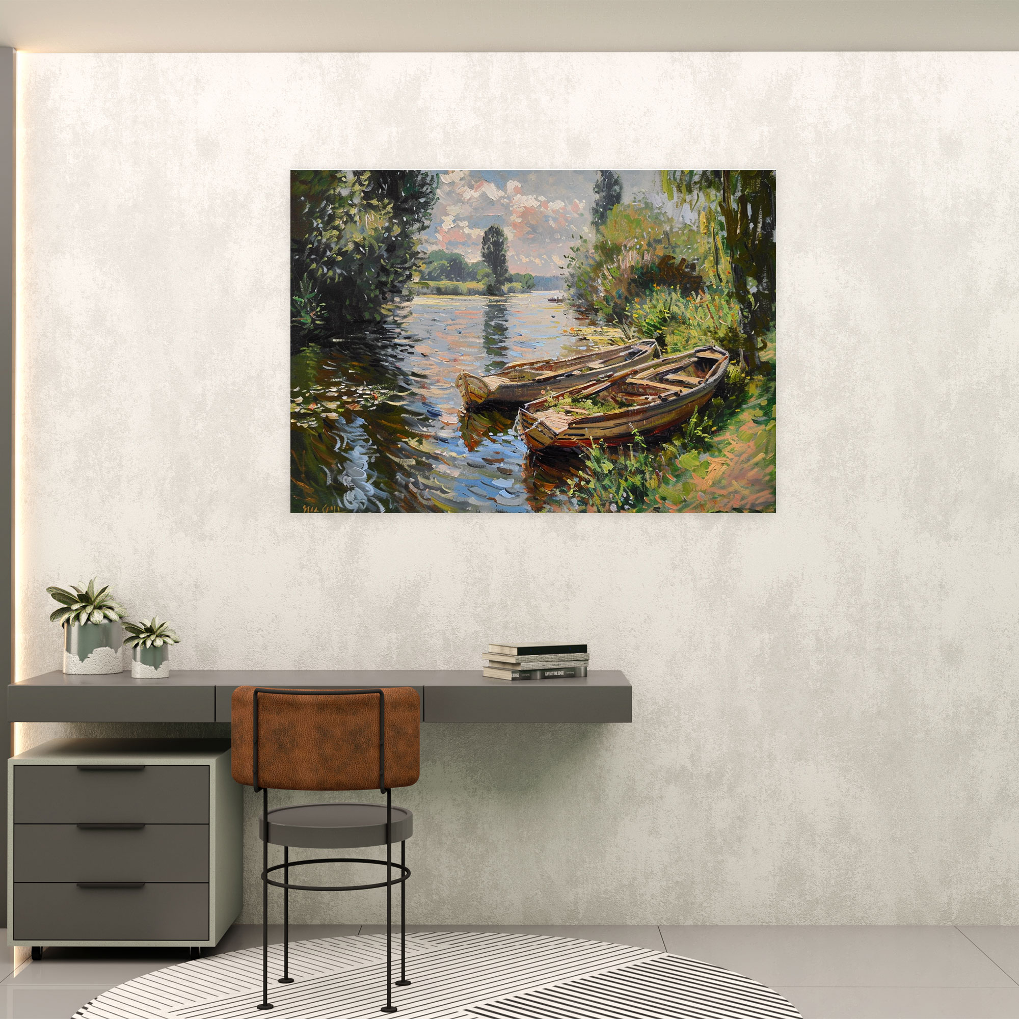 Boats On River Claude Monet Wall Art - Claude Monet, Wall Decoration, Canvas Print, Canvas