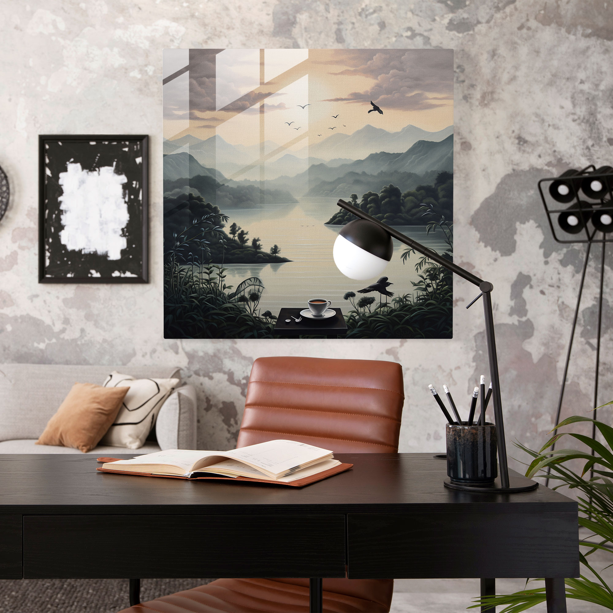 Coffee Landscape Glass Print - Coffee, Misty Mountains, Nature-Inspired Painting, Glass Art