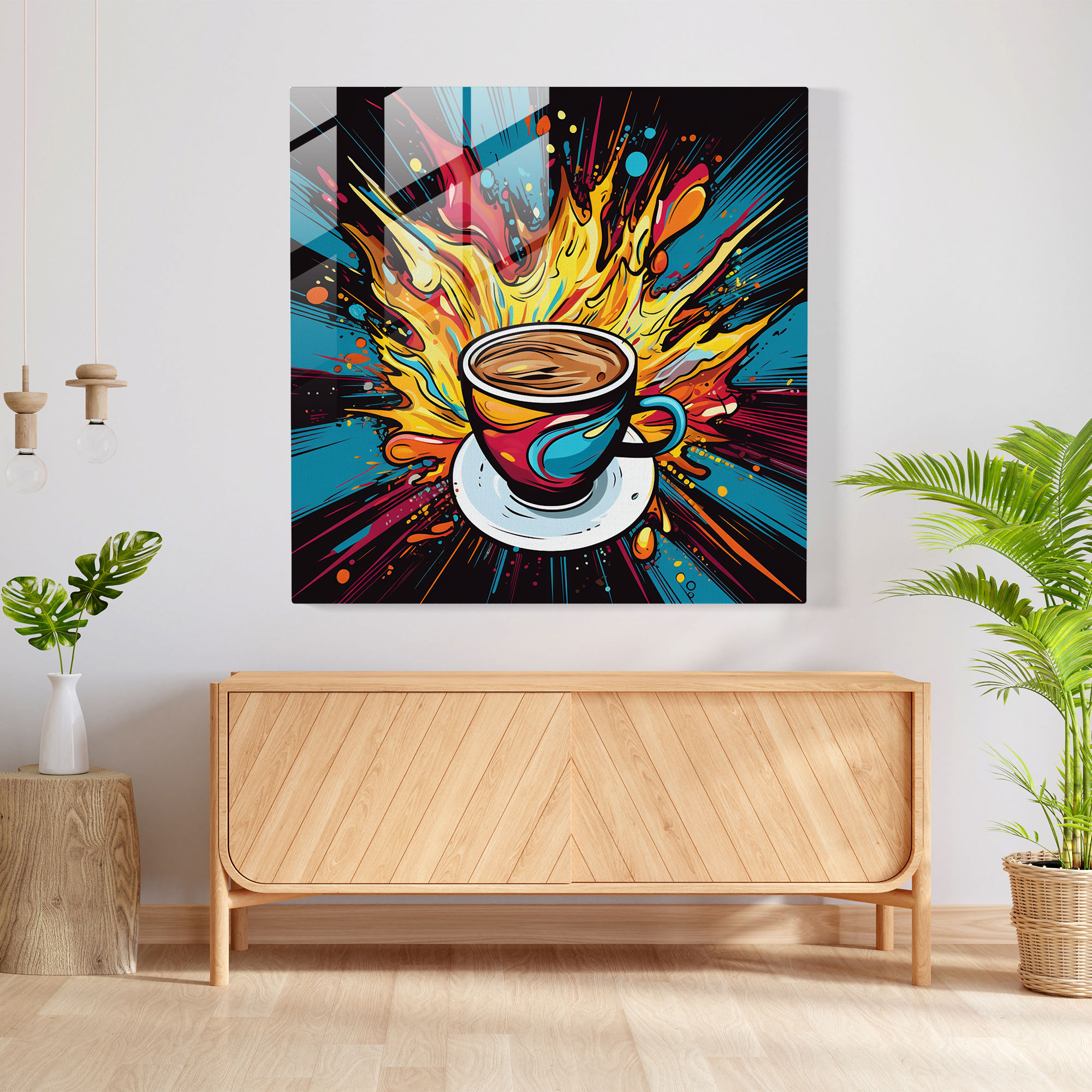 Pop Art Kahve Fincanı Cam Tablo - Kahve Modern Sanat Cam Duvar Sanatı