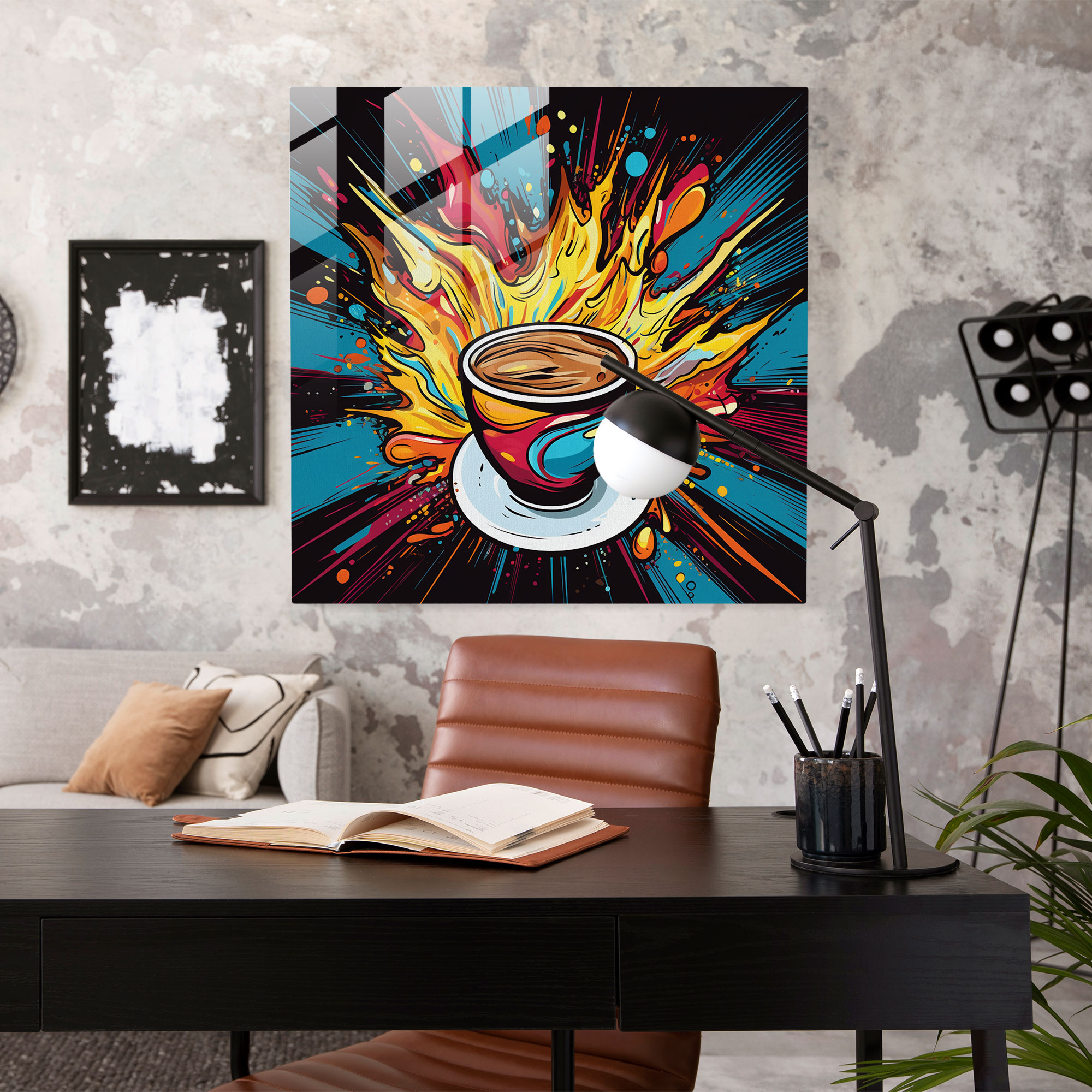 Pop Art Kahve Fincanı Cam Tablo - Kahve Modern Sanat Cam Duvar Sanatı