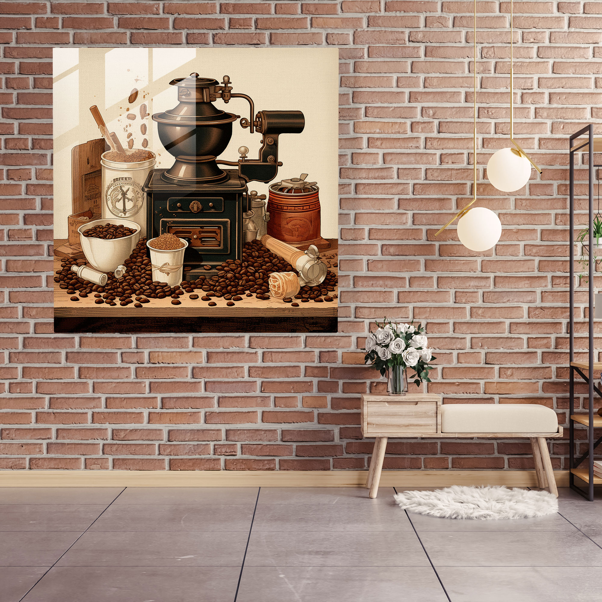El İşi Üretim - Vintage Esintili Cam Tablo - Kahve Kahve Çekirdekleri Cam Tablo Modern Sanat