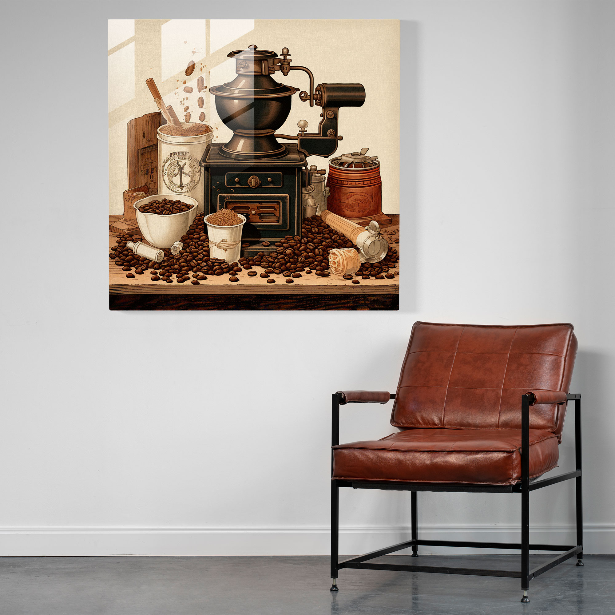 El İşi Üretim - Vintage Esintili Cam Tablo - Kahve Kahve Çekirdekleri Cam Tablo Modern Sanat