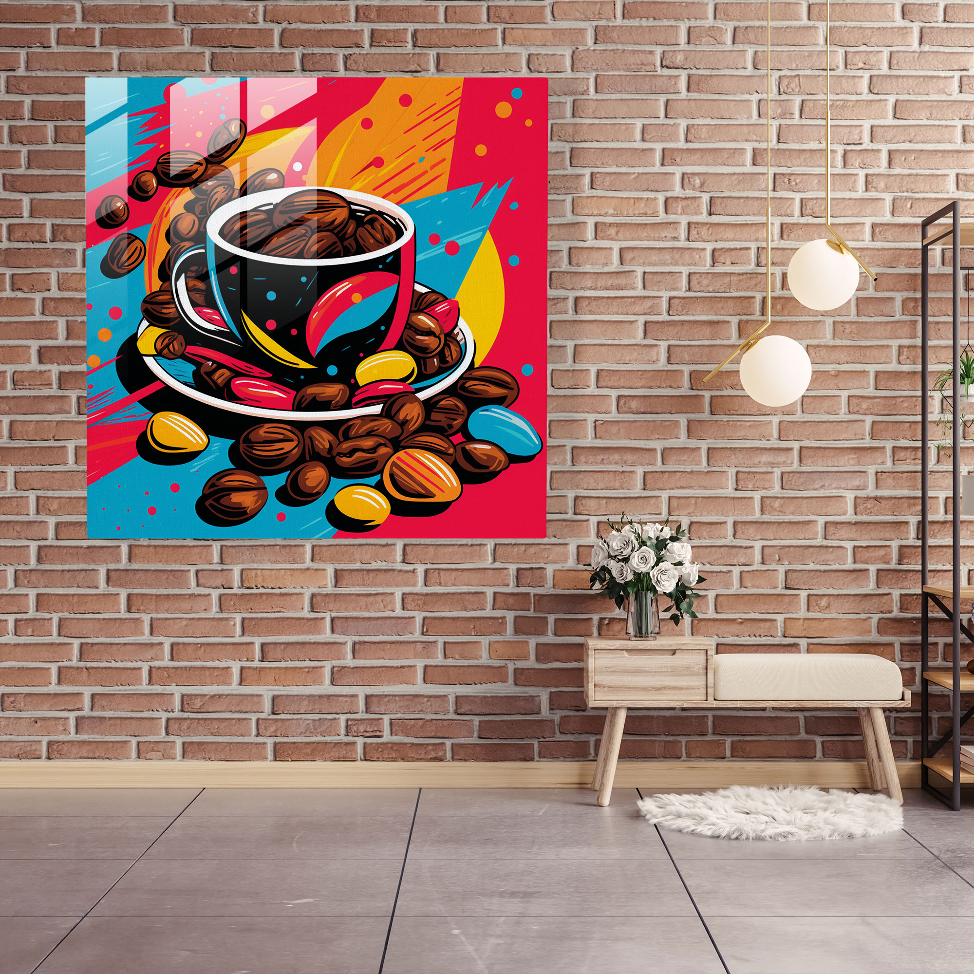 Pop Art Kahve Çekirdeği Cam Tablo - Kahve Modern Sanat Canlı Renkler Cam Tablo
