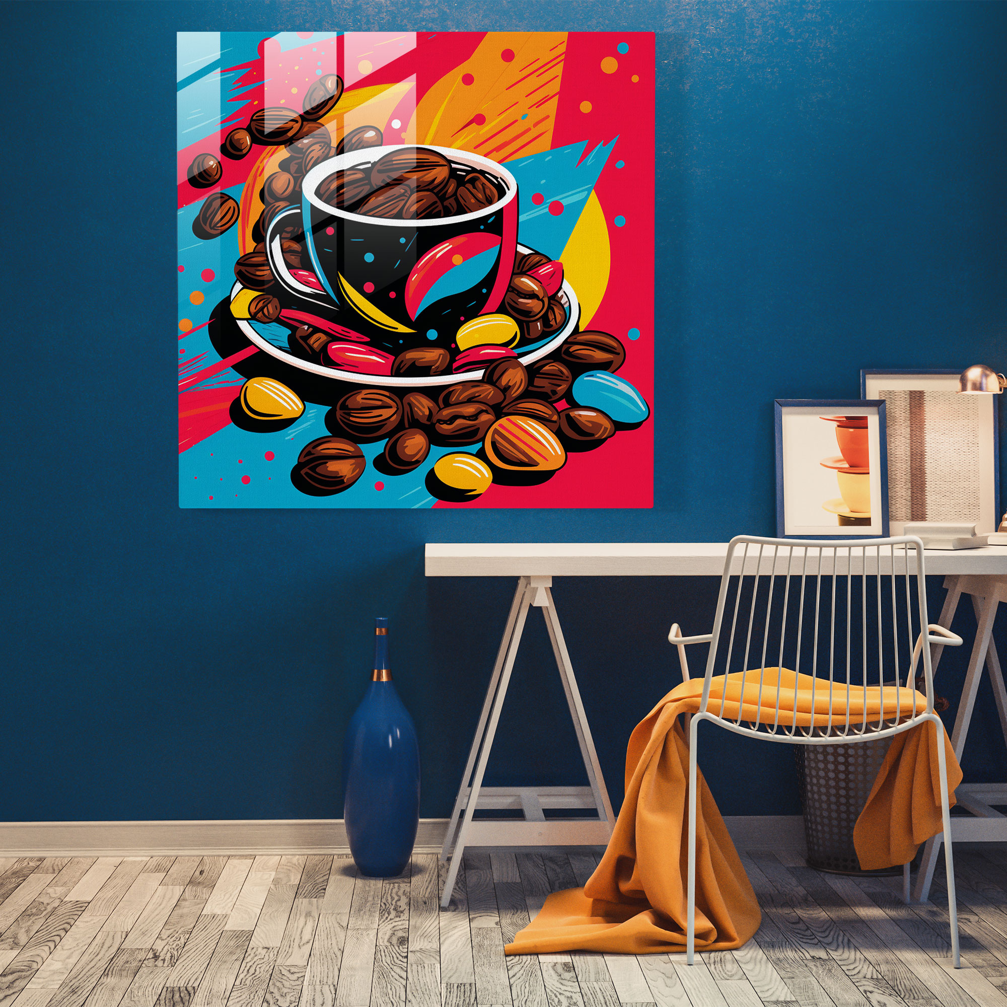 Pop Art Kahve Çekirdeği Cam Tablo - Kahve Modern Sanat Canlı Renkler Cam Tablo