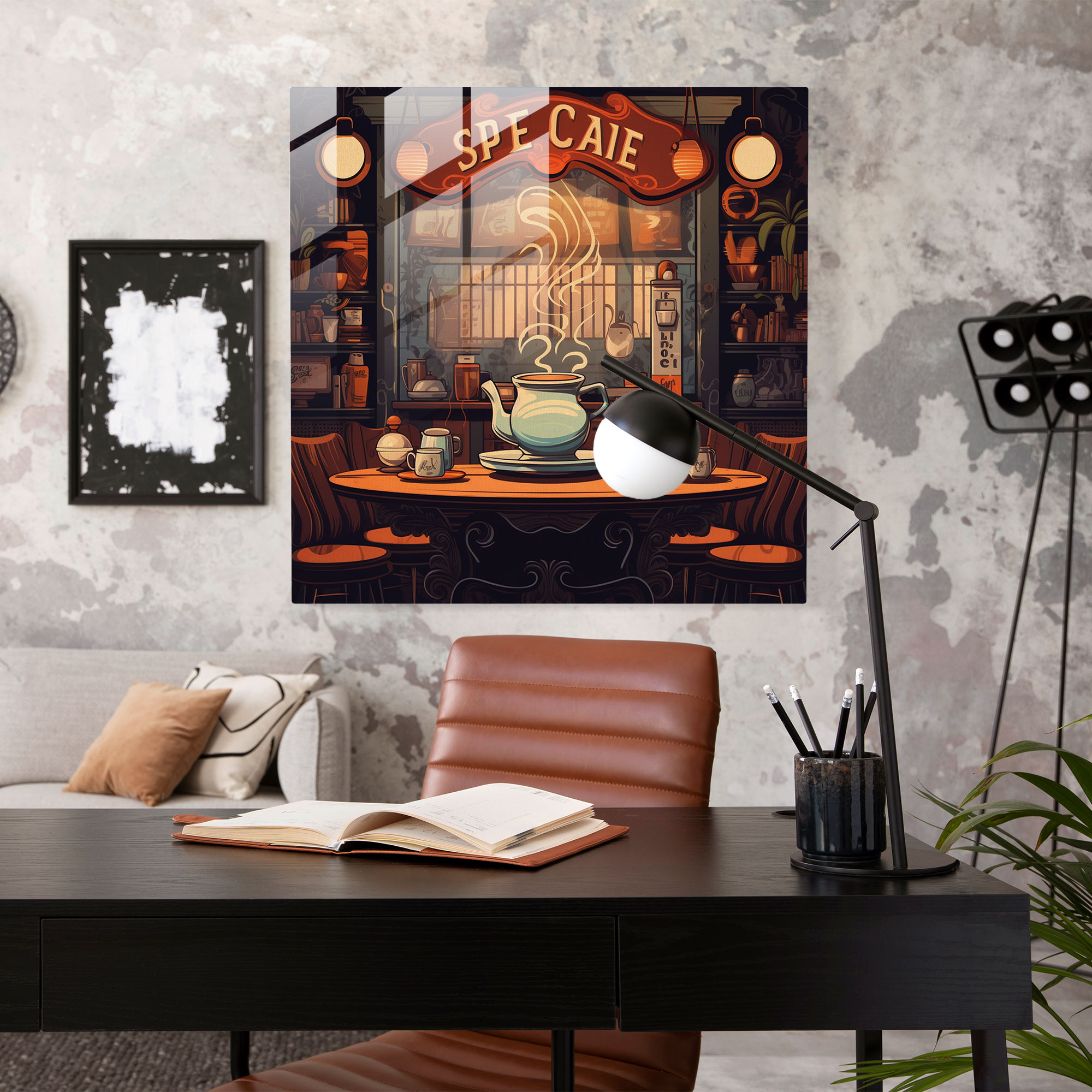 Coffee Haven - Glass Wall Art - Coffee, Retro-Inspired Illustration, Wall Decoration, Cozy Atmosphere