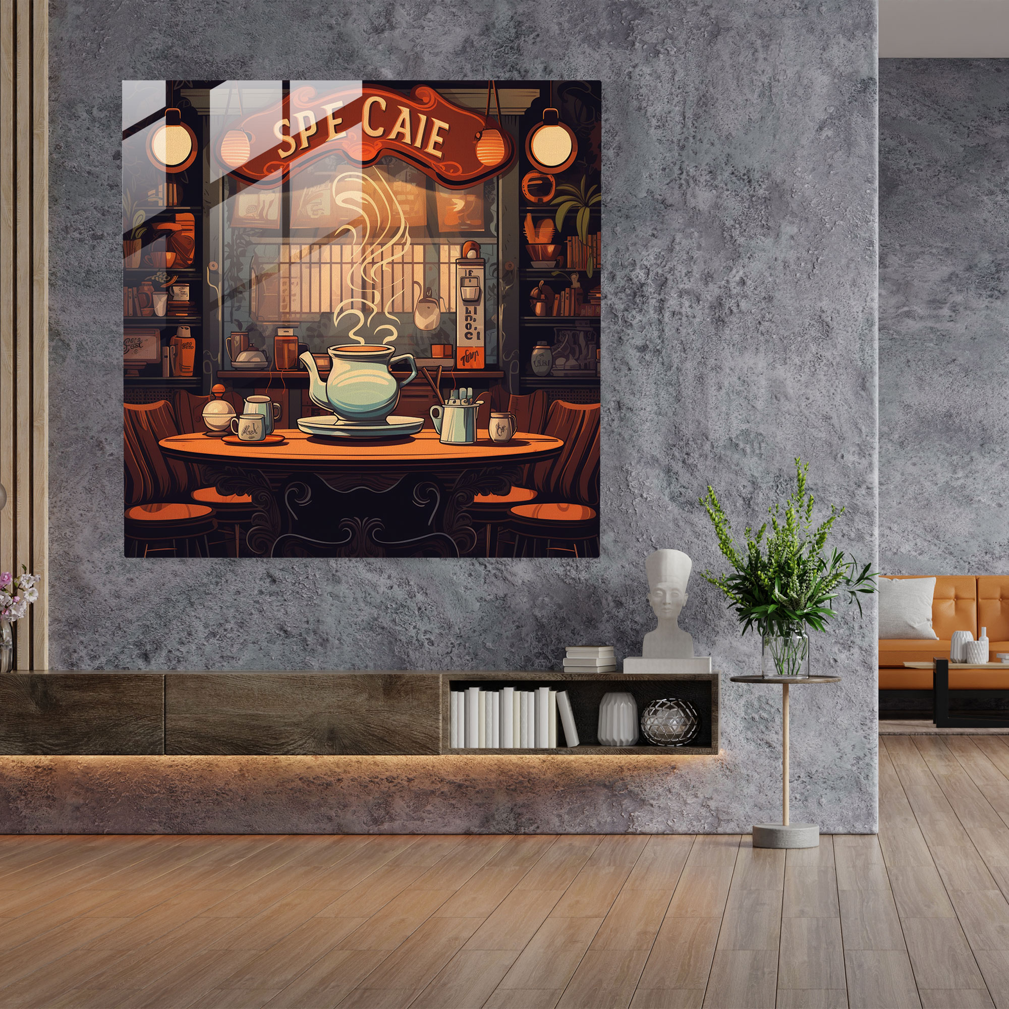 Coffee Haven - Glass Wall Art - Coffee, Retro-Inspired Illustration, Wall Decoration, Cozy Atmosphere