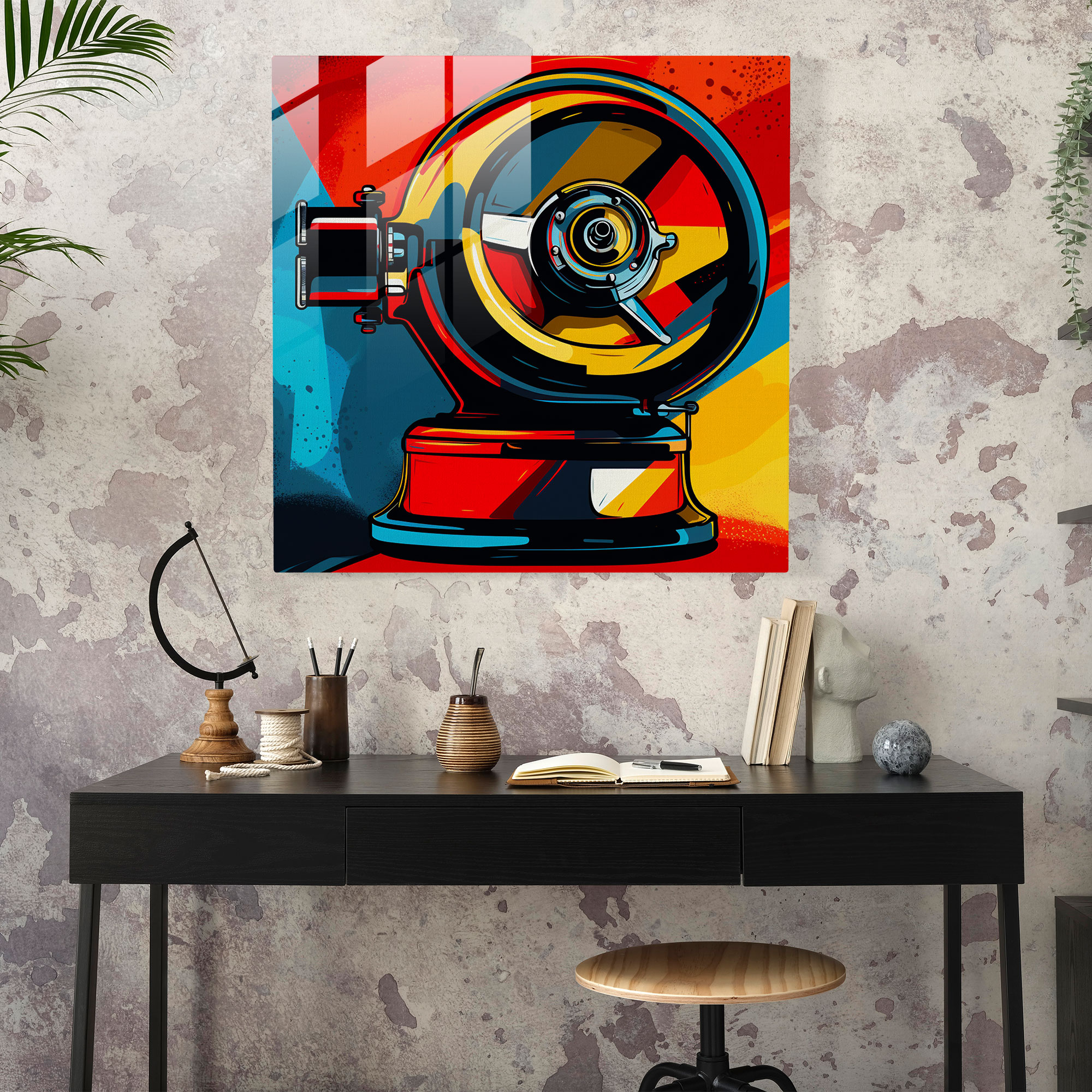 Pop Art Kahve Değirmeni Cam Tablo - Kahve Canlı Renkler Pop Art Tasarımı Cesur Çizgiler