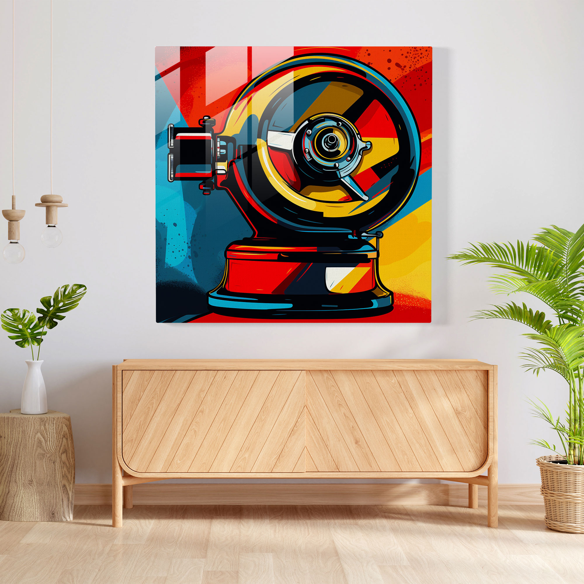 Pop Art Kahve Değirmeni Cam Tablo - Kahve Canlı Renkler Pop Art Tasarımı Cesur Çizgiler