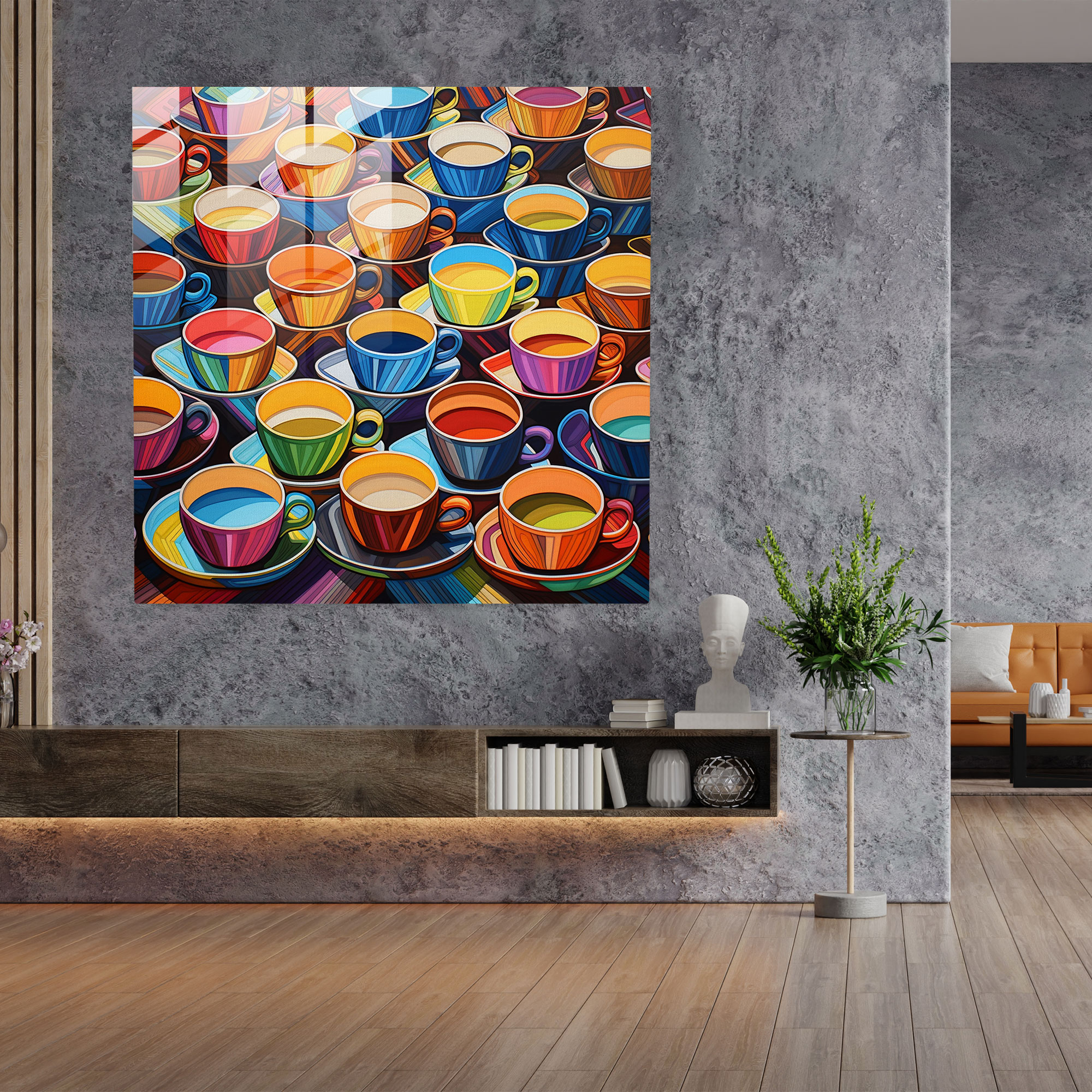 Geometric Coffee Cups Glass Print - Coffee, Wall Decoration, Sophistication, Glass Art
