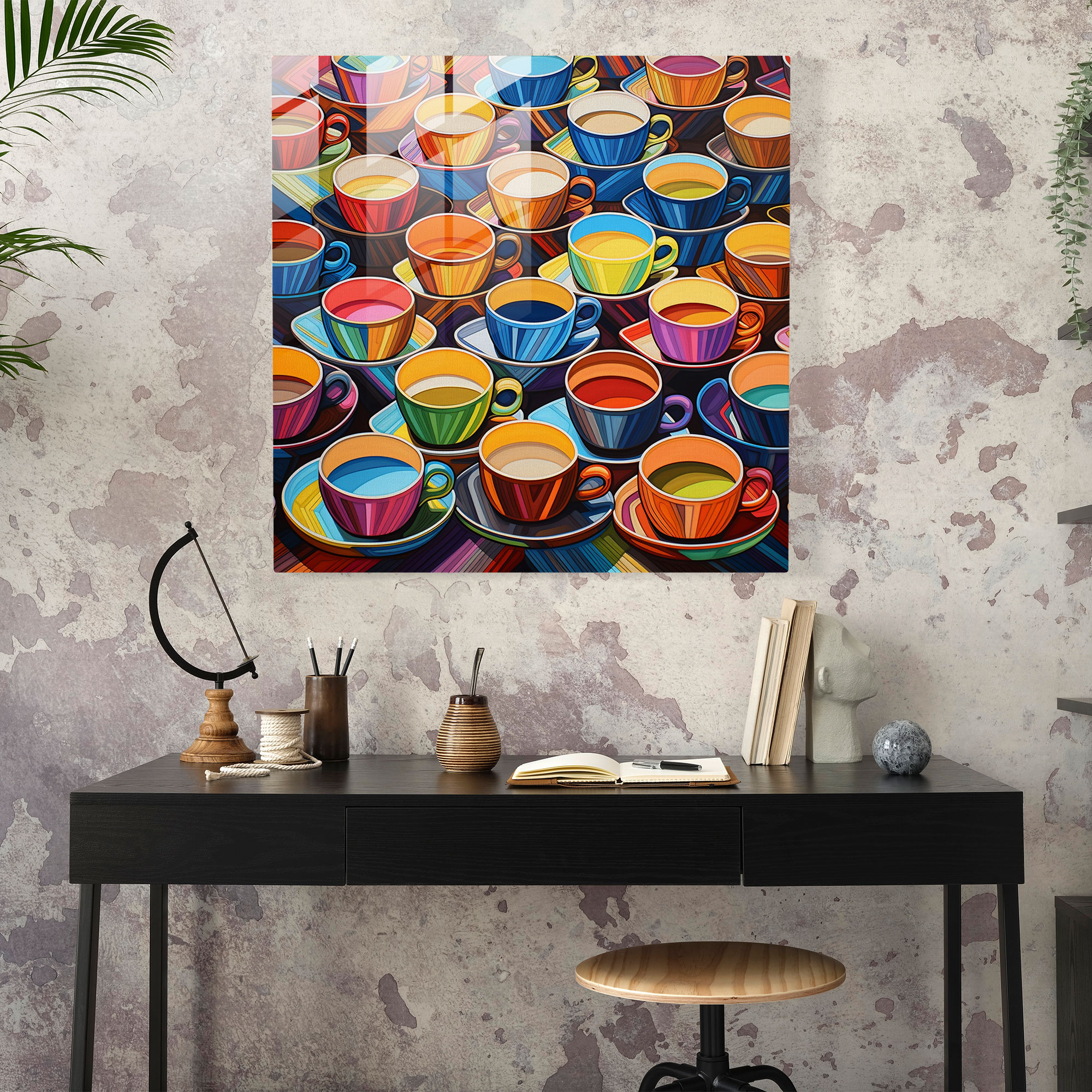 Geometric Coffee Cups Glass Print - Coffee, Wall Decoration, Sophistication, Glass Art