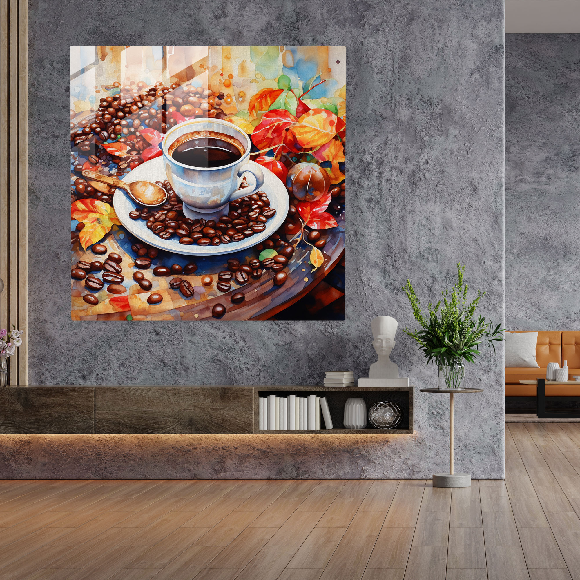 Kahve Keyfi Cam Tablo - Kahve Suluboya Tablo Ev Dekorasyonu Cam Sanatı