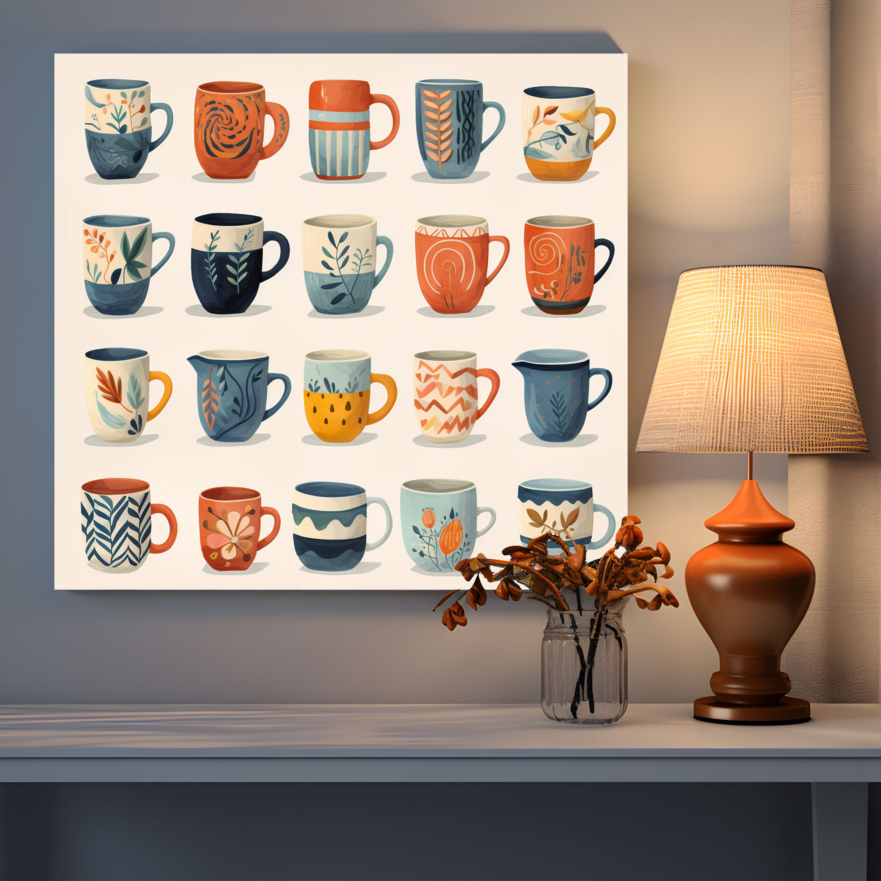 Coffee Mugs Whimsy Canvas Print - Coffee, Charm And Character, Coffee Wall Art, Coffee Wall Decoration