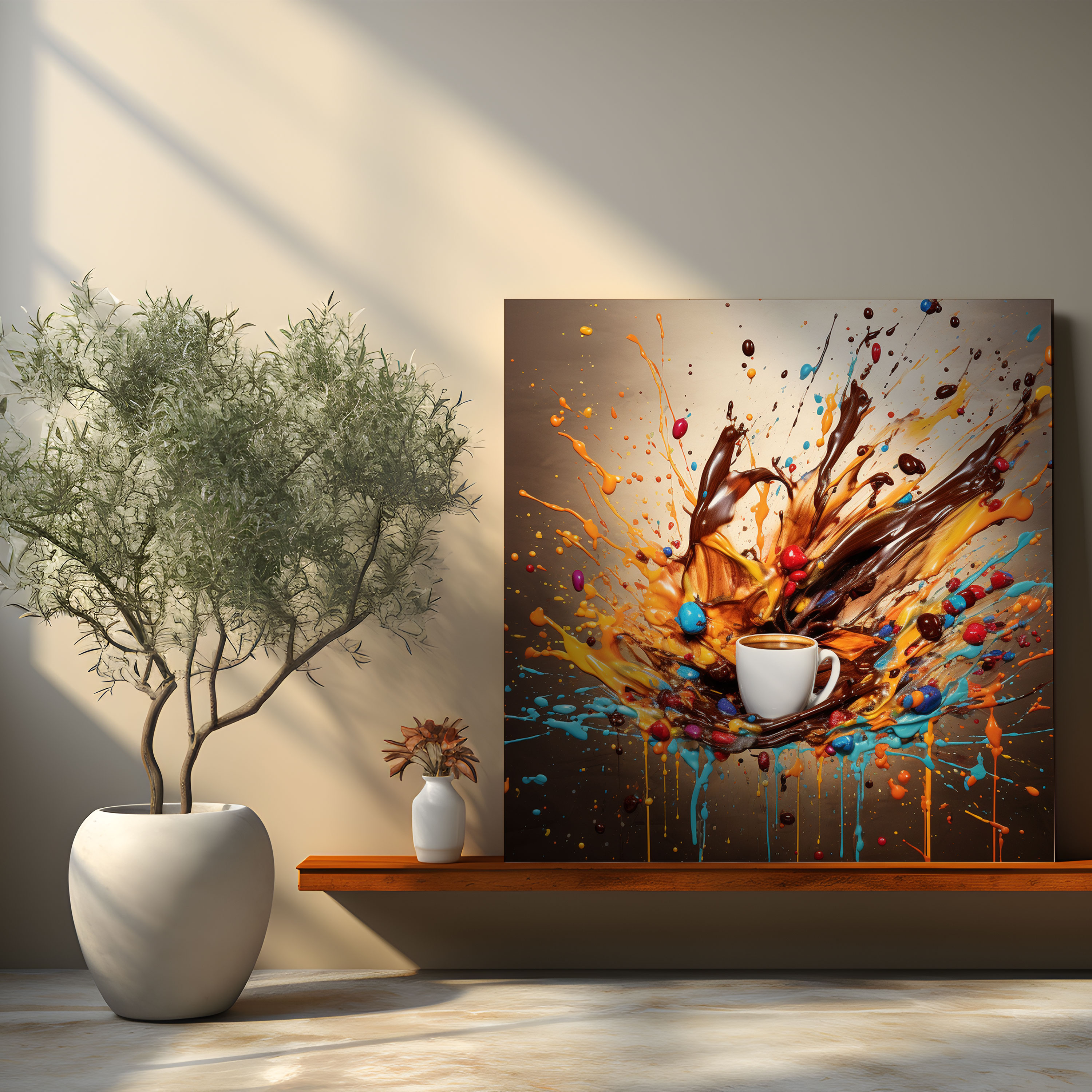 Floating Coffee Beans Canvas Print - Coffee, Coffee Beans, Brushstrokes, Canvas Wall Art