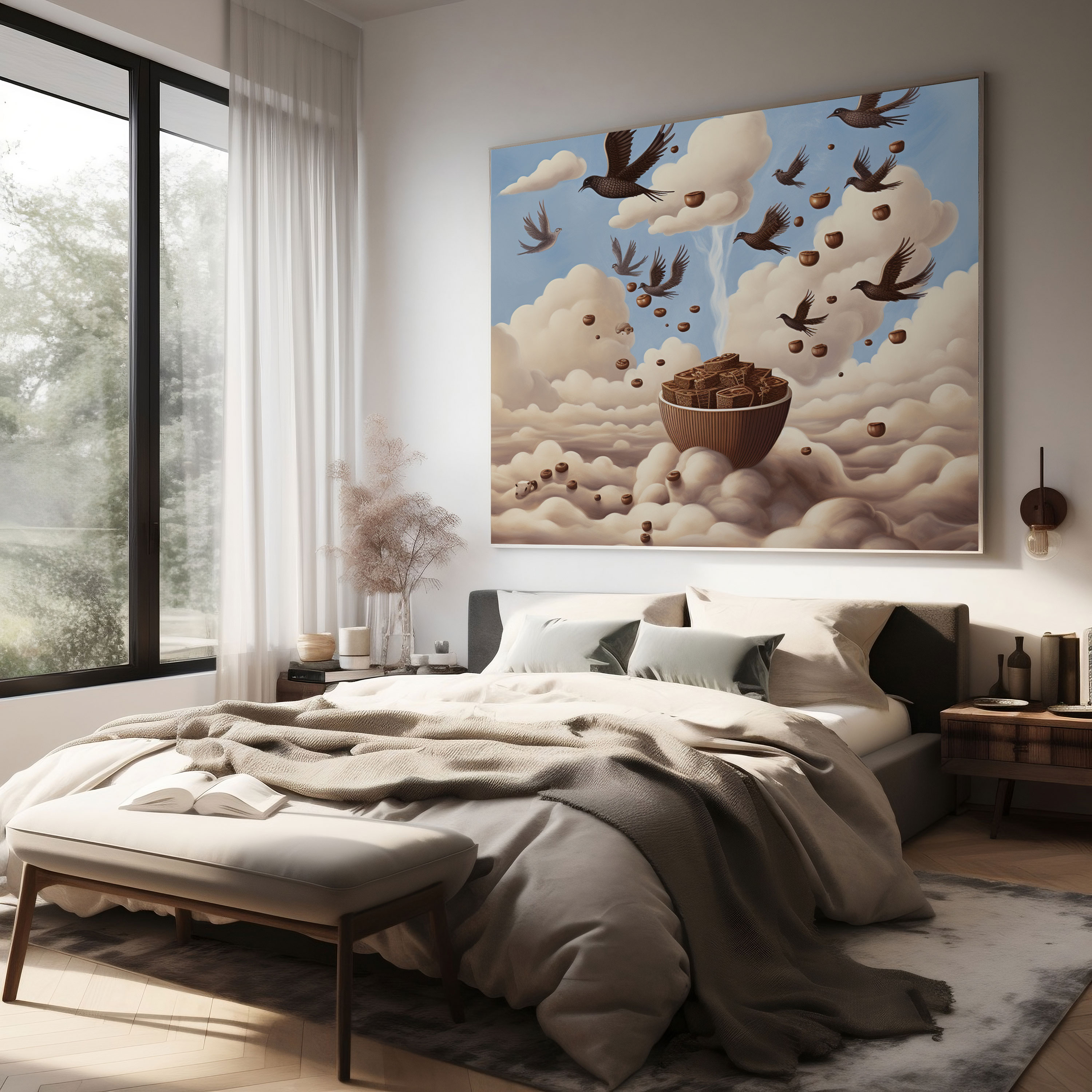 Coffee Birds Canvas Print - Coffee, Home Decoration, Canvas Wall Art, Whimsical Coffee Illustration