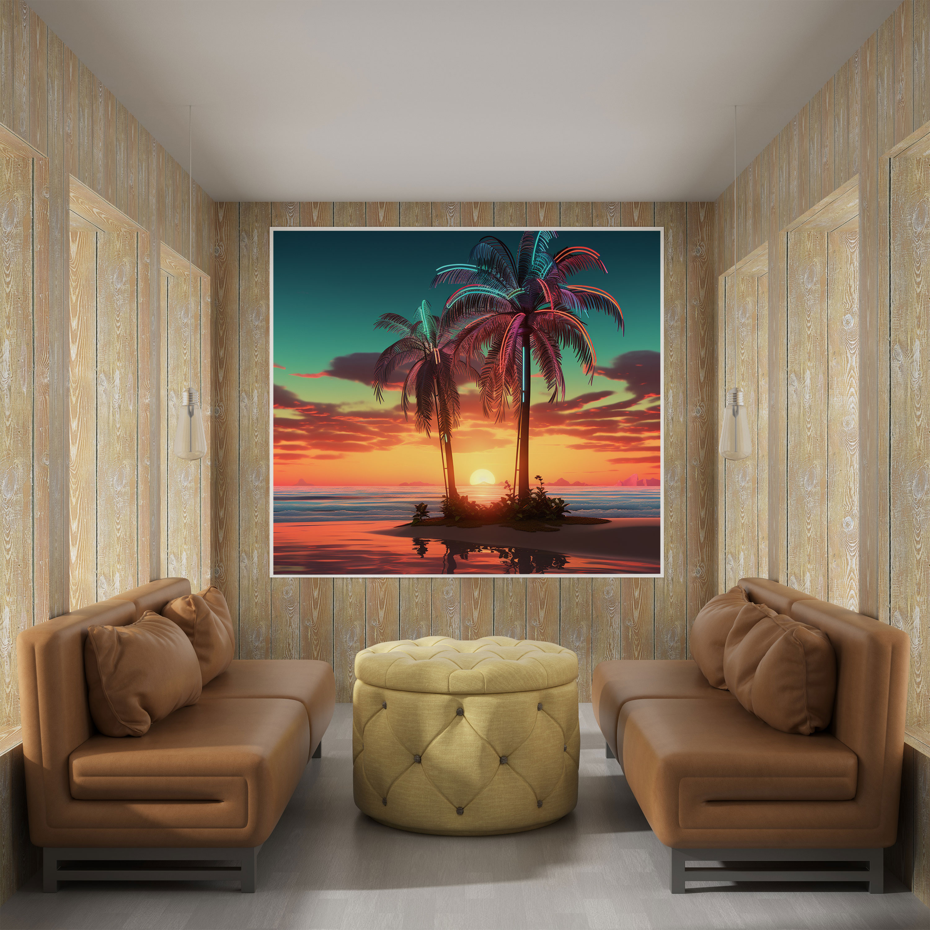 Cooles Wandbild - Retro Neon Zeichen - Strand bei Sonnenuntergang Palmenbaum Wanddekoration