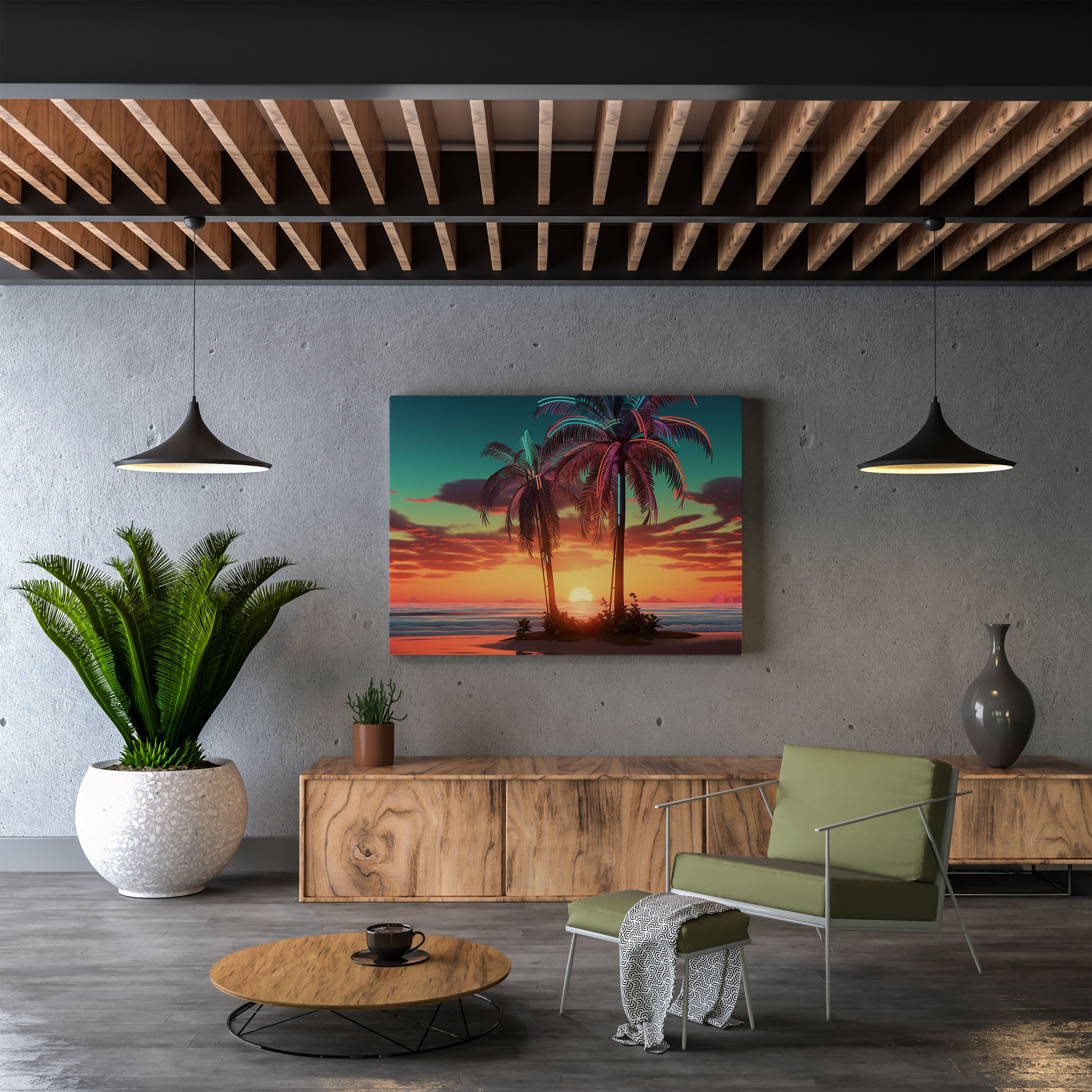 Cooles Wandbild - Retro Neon Zeichen - Strand bei Sonnenuntergang Palmenbaum Wanddekoration