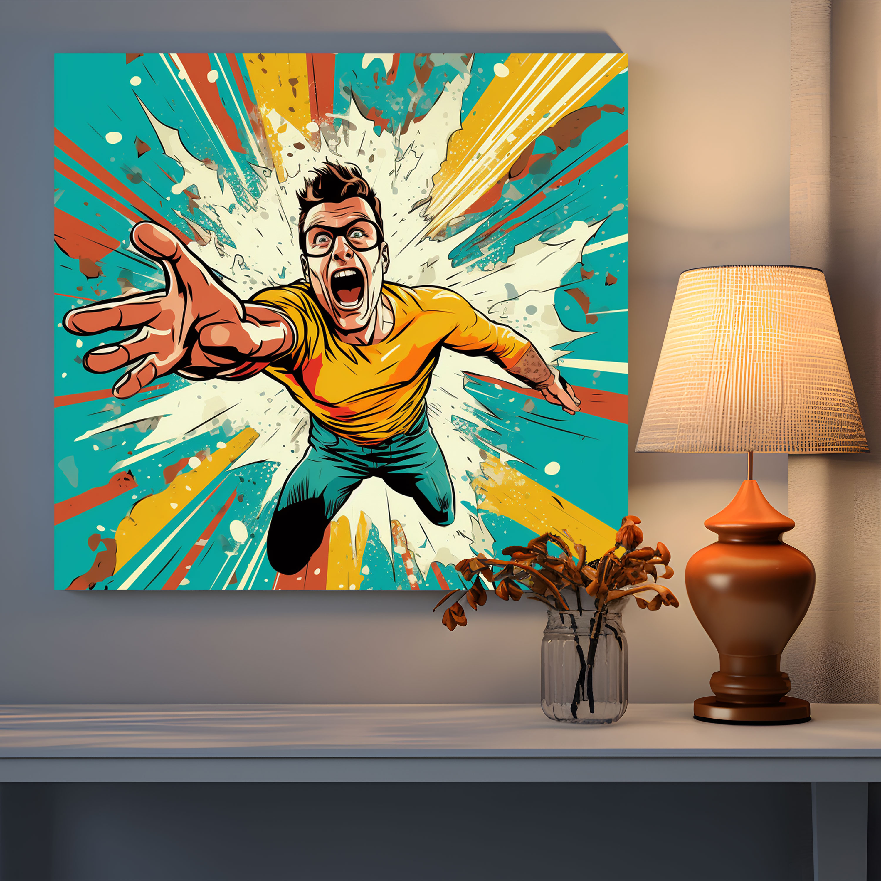 Tolles Leinwandbild - Pop Art Superheld - Lässige lebendige Farben Wanddekoration verspielt