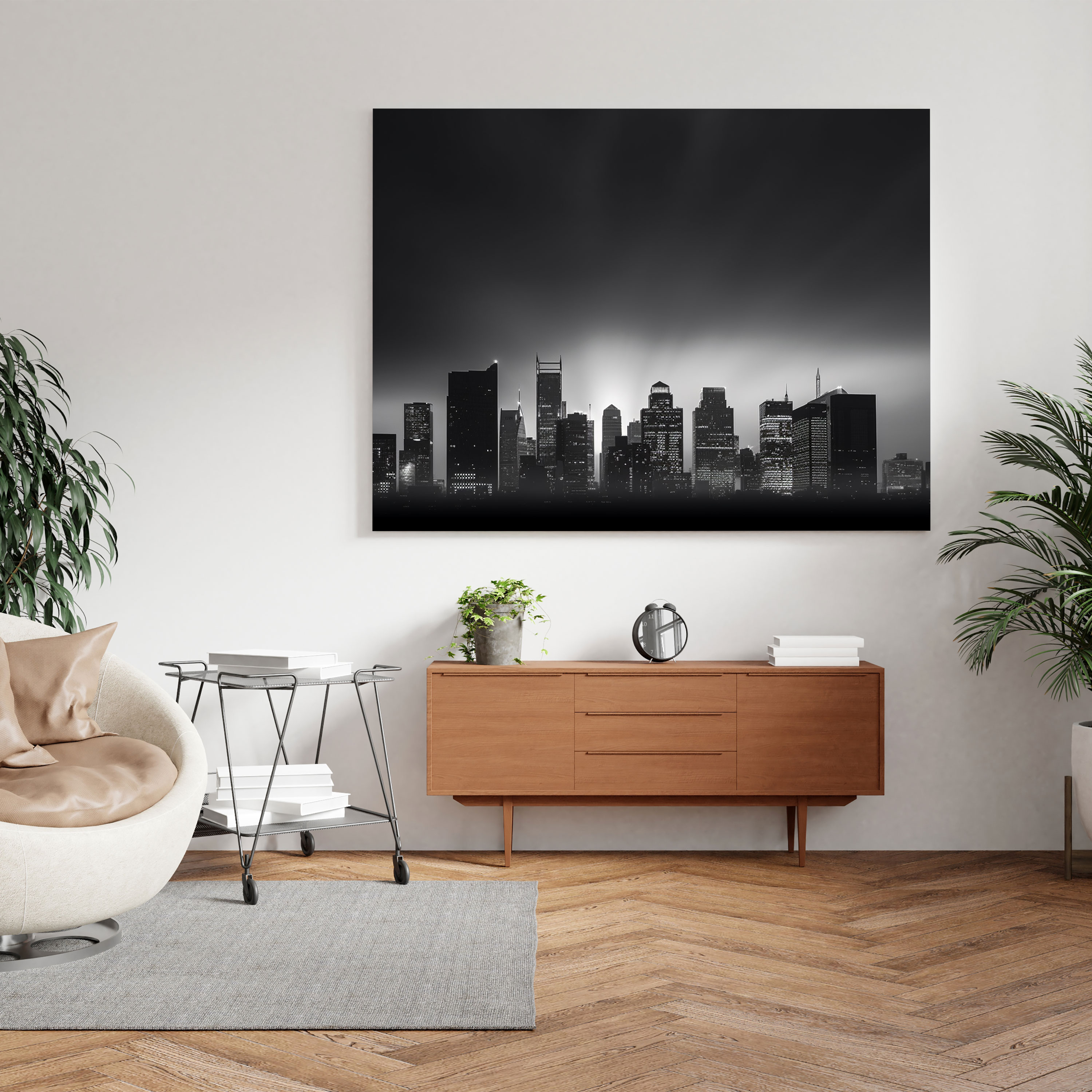 Moderne Wandkunst: Abendlicht Stadtsilhouette - Stilvolle Wanddekoration Foto Wohnkultur