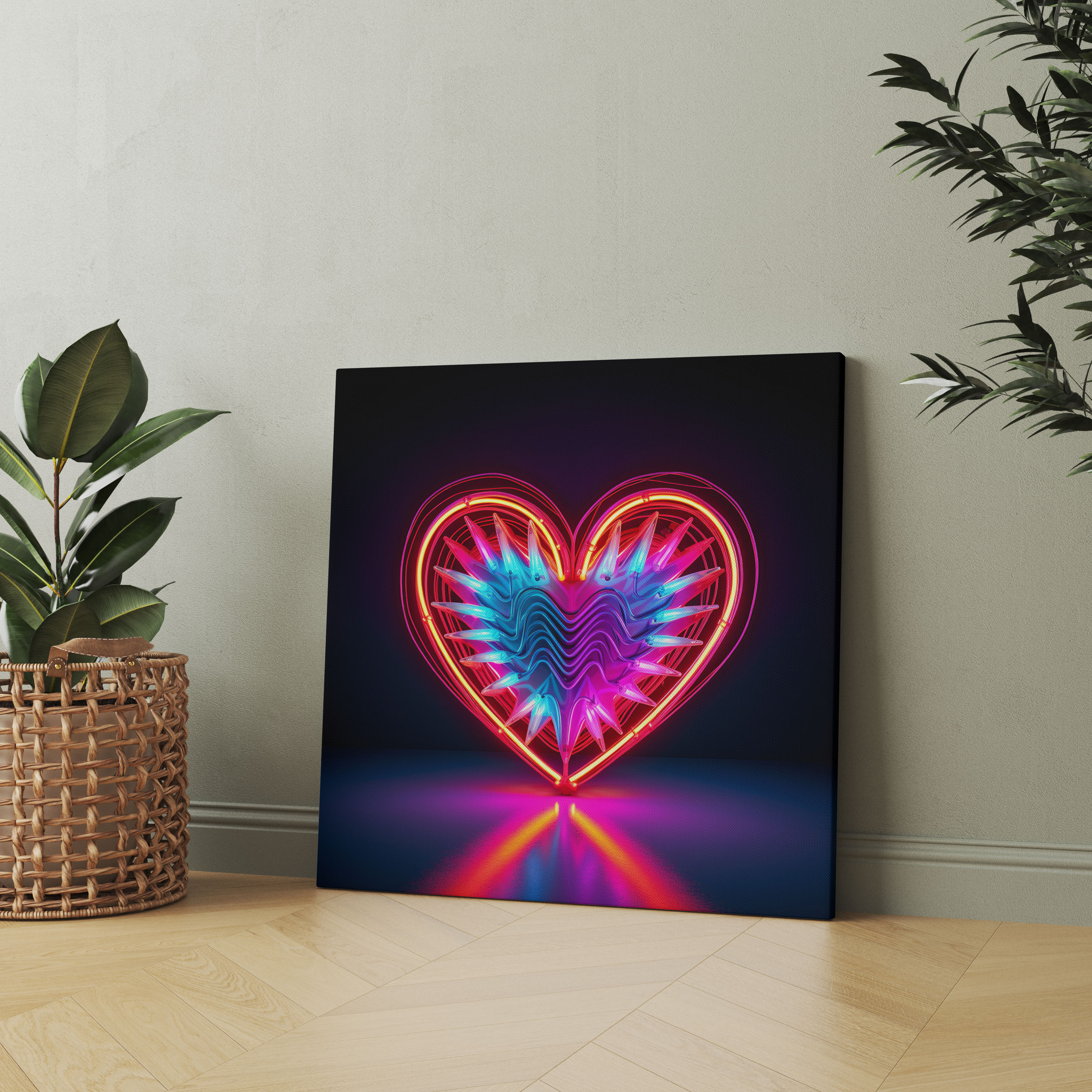 Tolles Leinwandbild: Lebendiges Neonherz - Leinwandbild Neonherz in Herzform Wanddekoration.