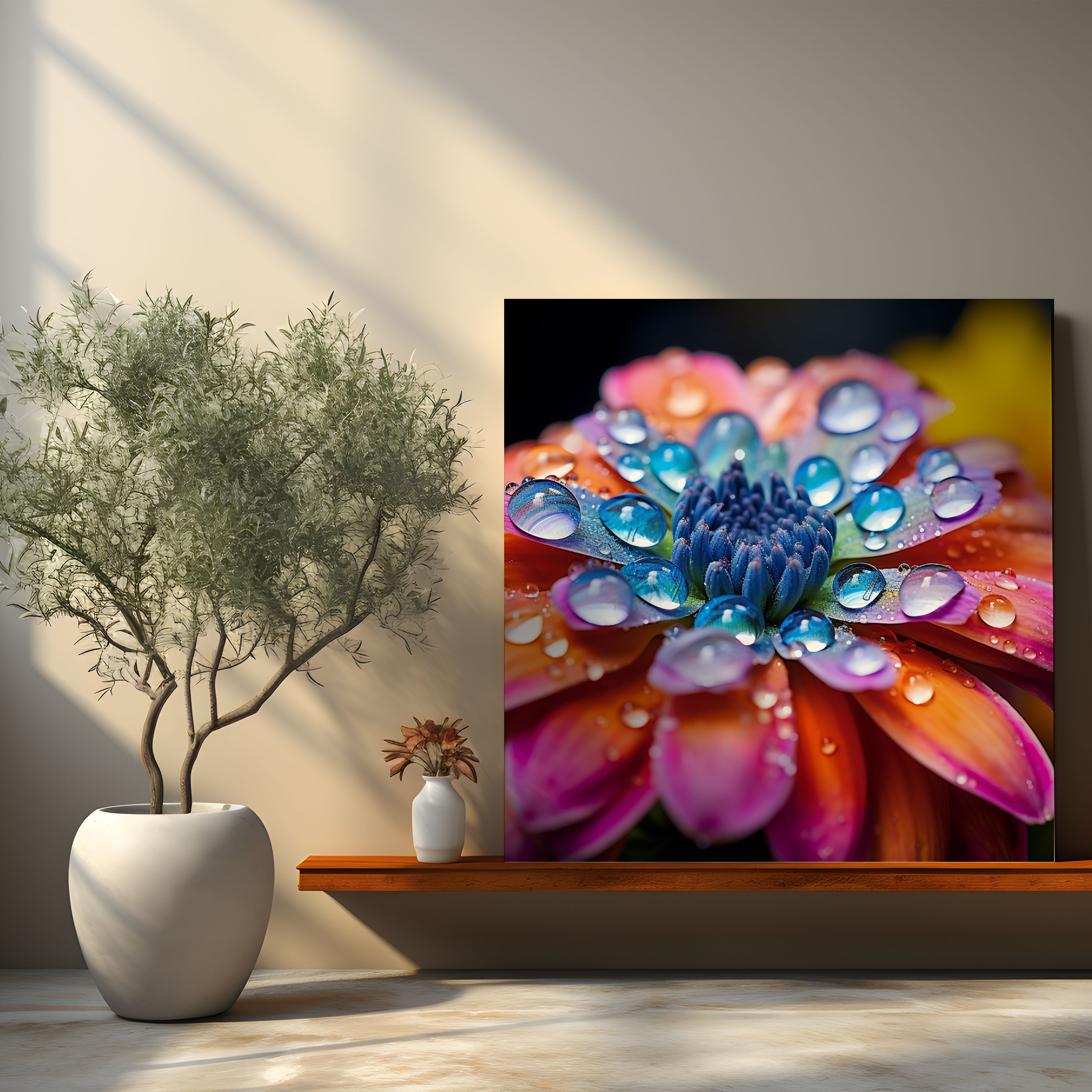 Tolle Wandkunst: Glitzernde Wassertropfen - Coole lebendige Blume Wassertropfen Leinwandbild
