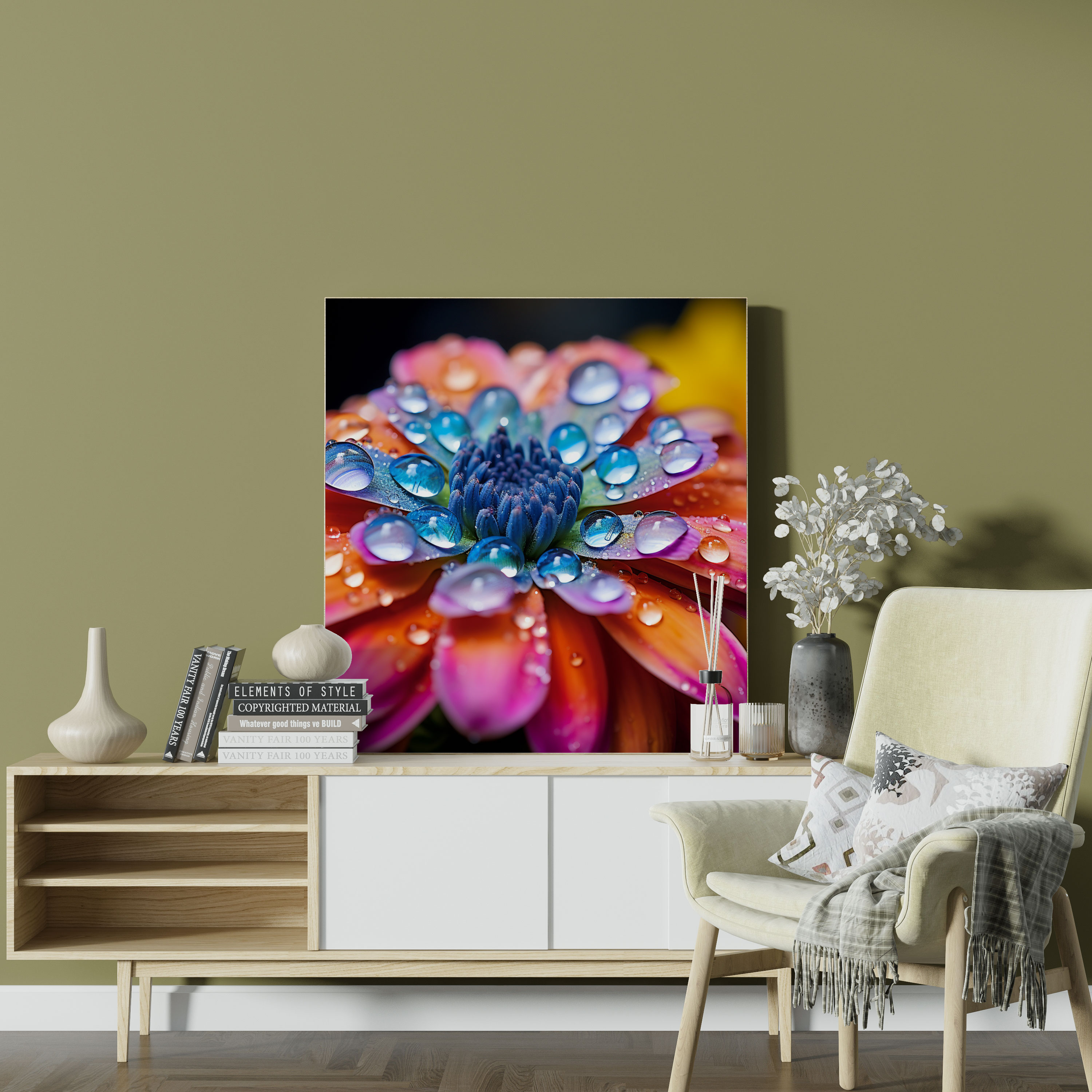 Tolle Wandkunst: Glitzernde Wassertropfen - Coole lebendige Blume Wassertropfen Leinwandbild