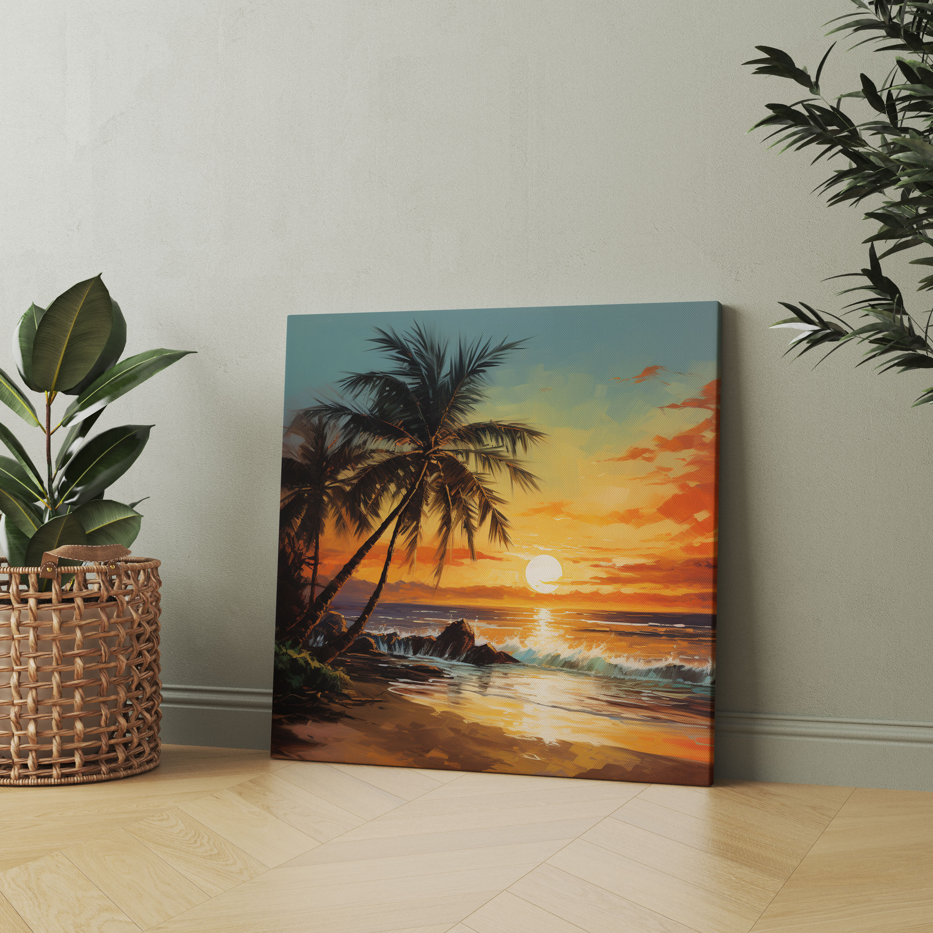Stilvolle Strandsonnenuntergang Wanddekoration - Leinwand im Sonnenuntergangsdesign