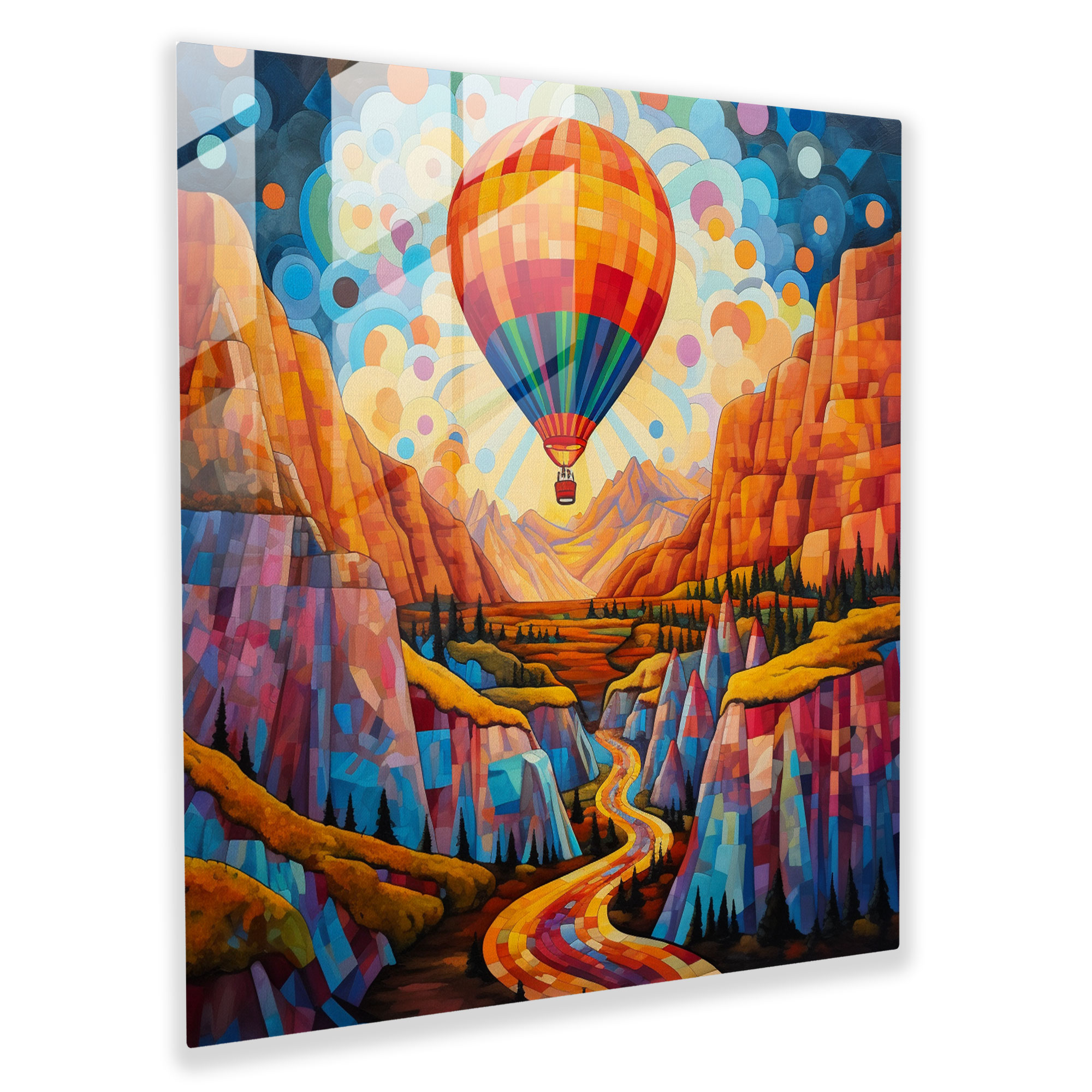 Captivating Glass Print of Colorful Hot Air Balloon Floating over Picturesque Landscapes - Modern Glass Wall Art for Home Decoration