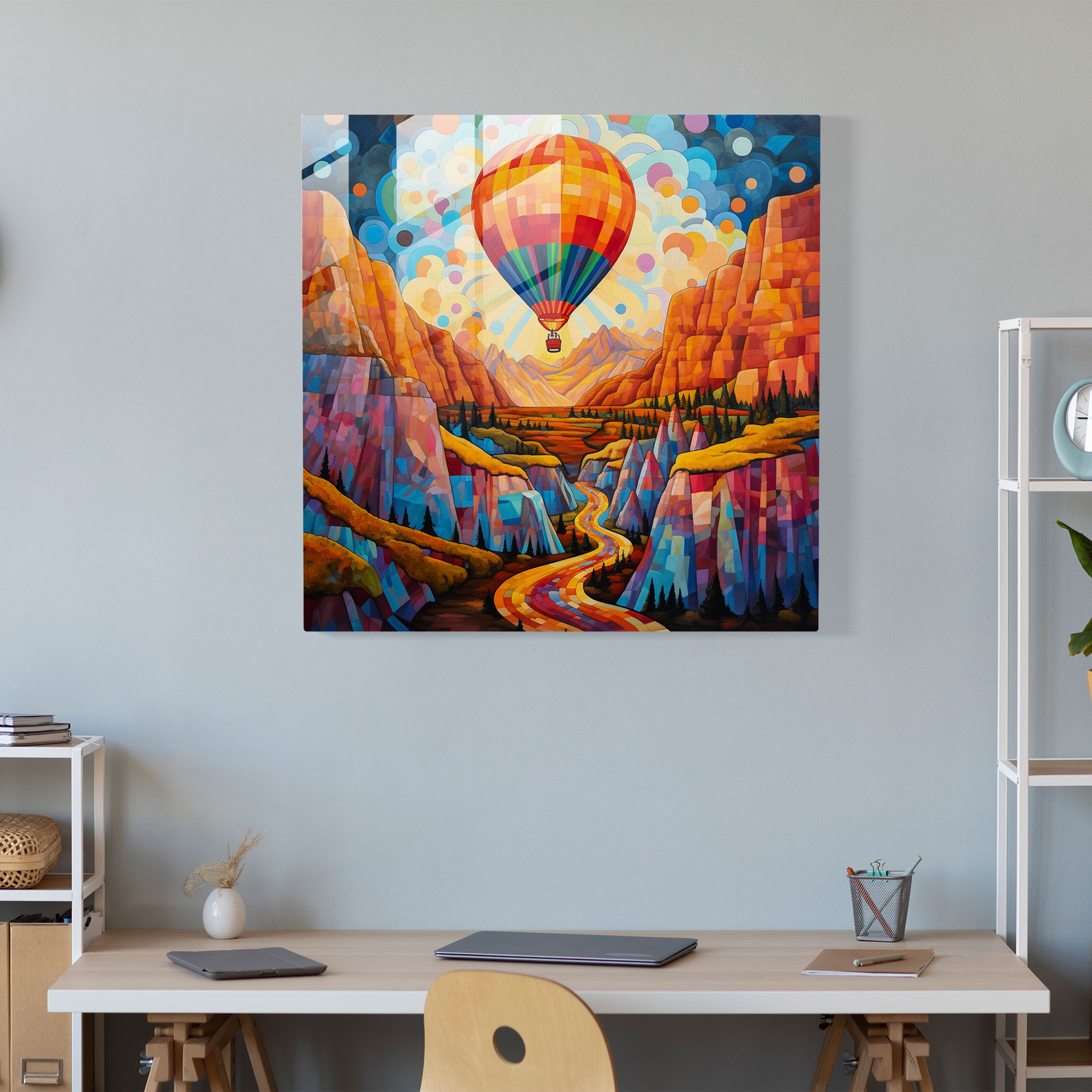 Captivating Glass Print of Colorful Hot Air Balloon Floating over Picturesque Landscapes - Modern Glass Wall Art for Home Decoration