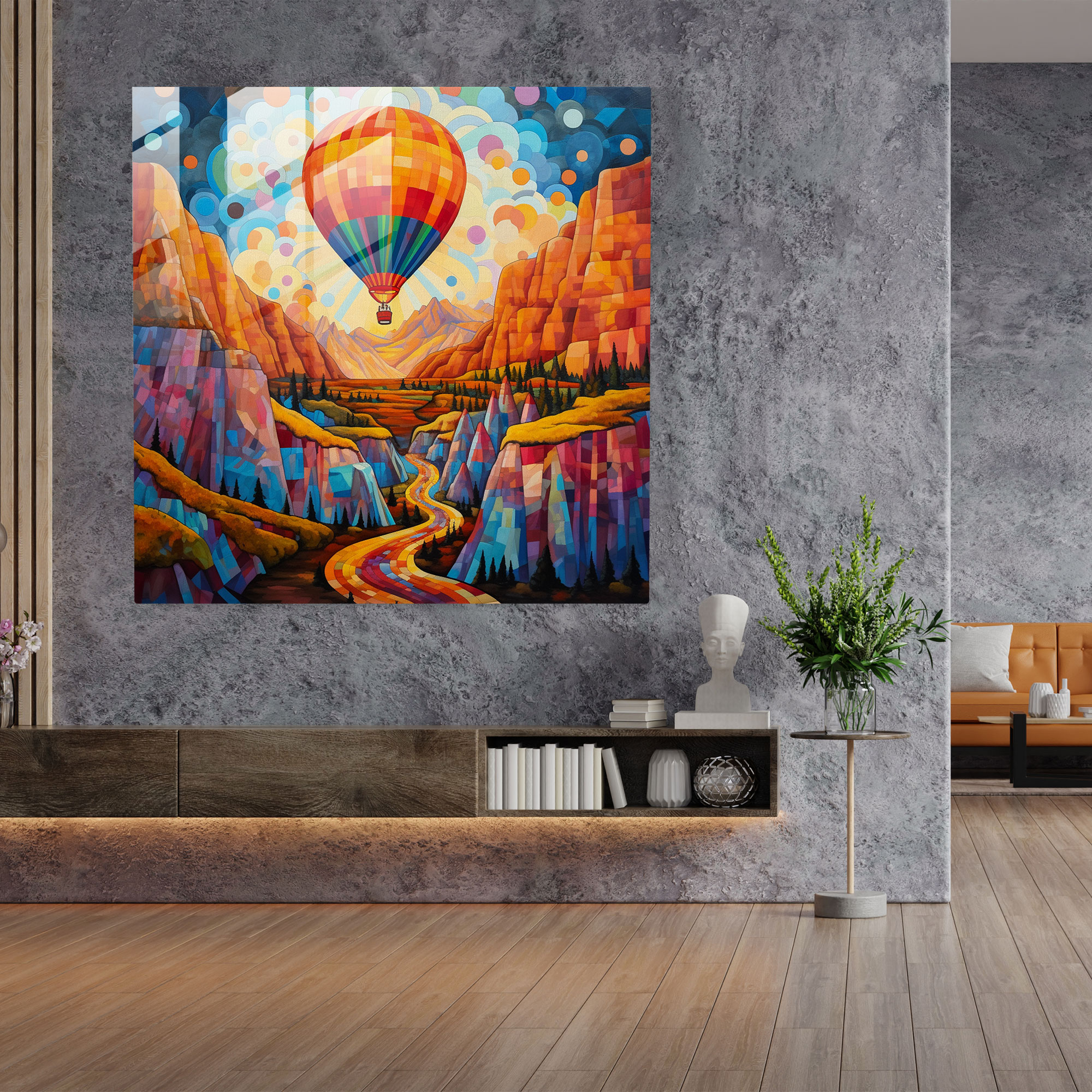 Captivating Glass Print of Colorful Hot Air Balloon Floating over Picturesque Landscapes - Modern Glass Wall Art for Home Decoration