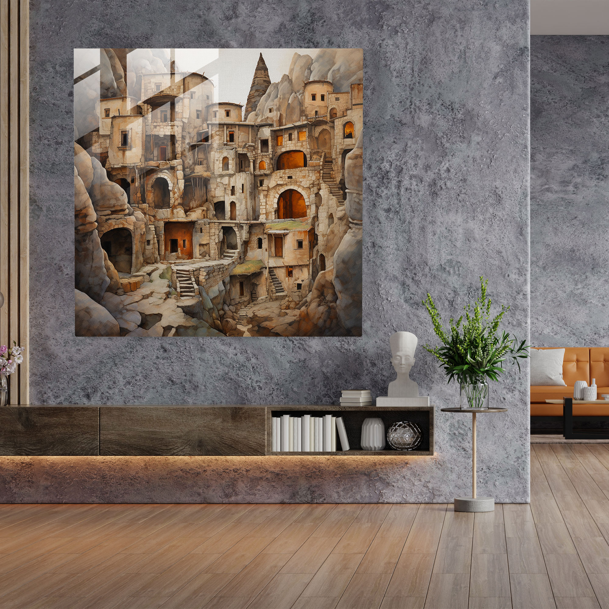 Gizemli Ufuklar Cam Tablo - Modern Karışık Medya Kapadokya Mağara Konutları