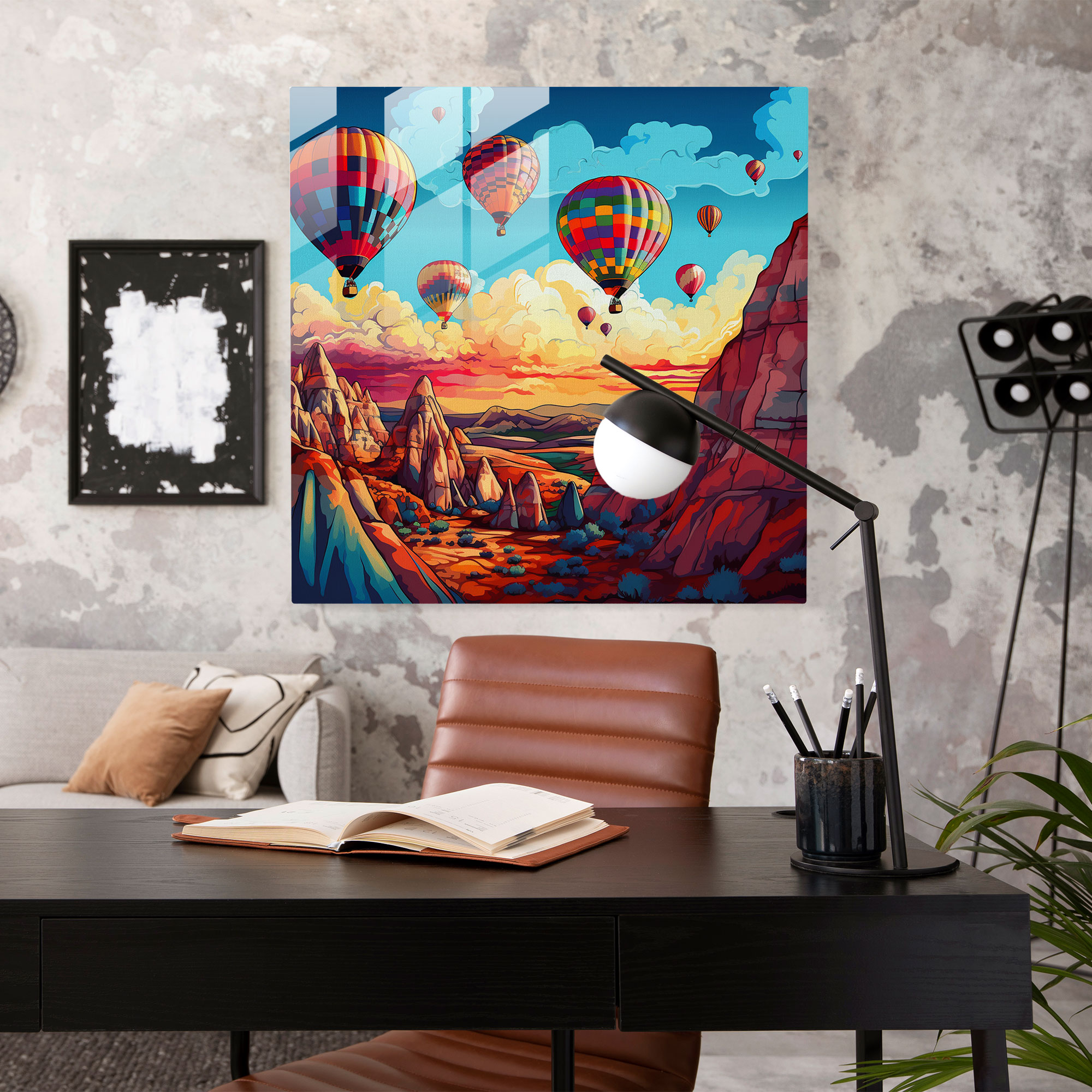 Canlı Yükseliş Cam Tablo - Modern Pop Sanat Kapadokya Sıcak Hava Balonları