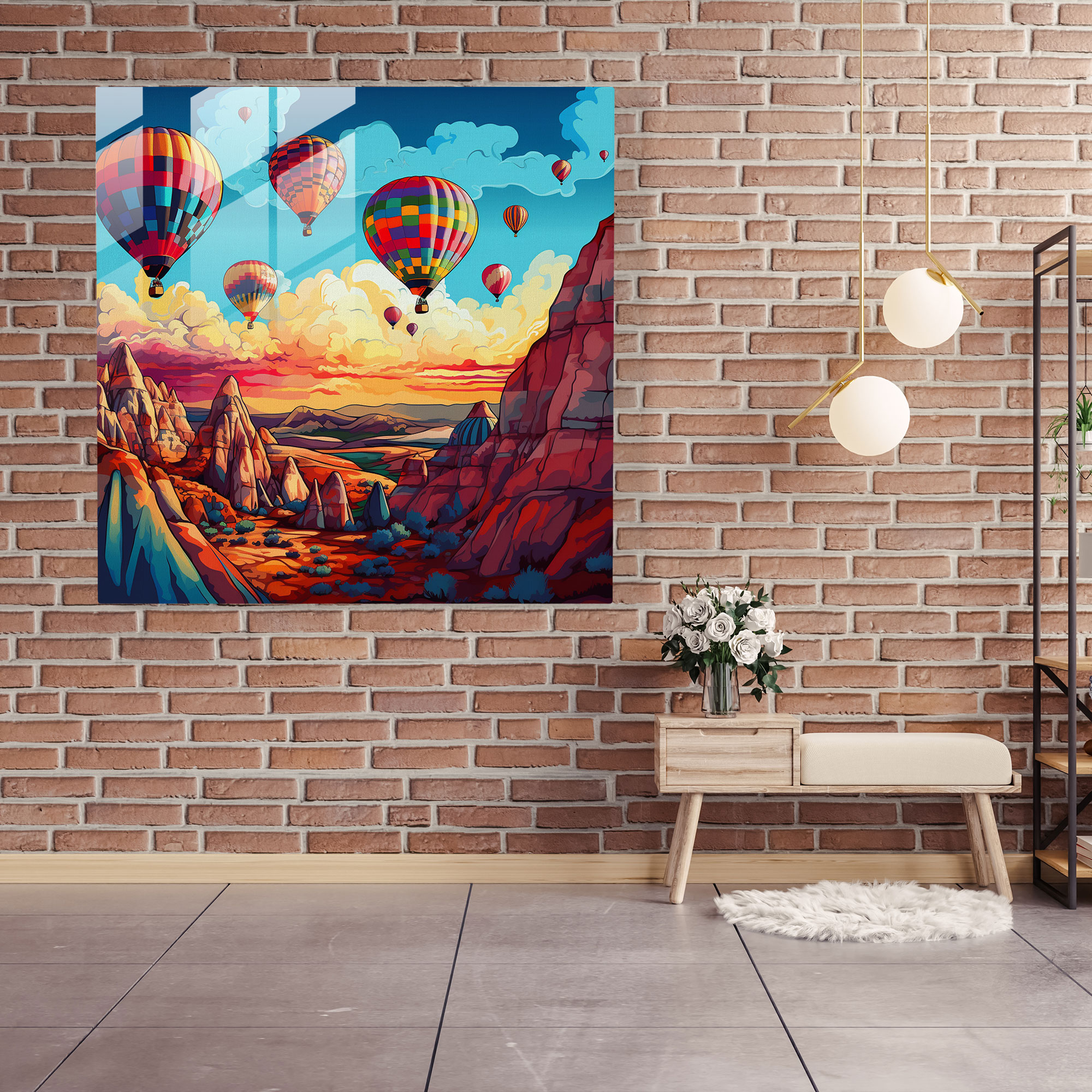 Canlı Yükseliş Cam Tablo - Modern Pop Sanat Kapadokya Sıcak Hava Balonları