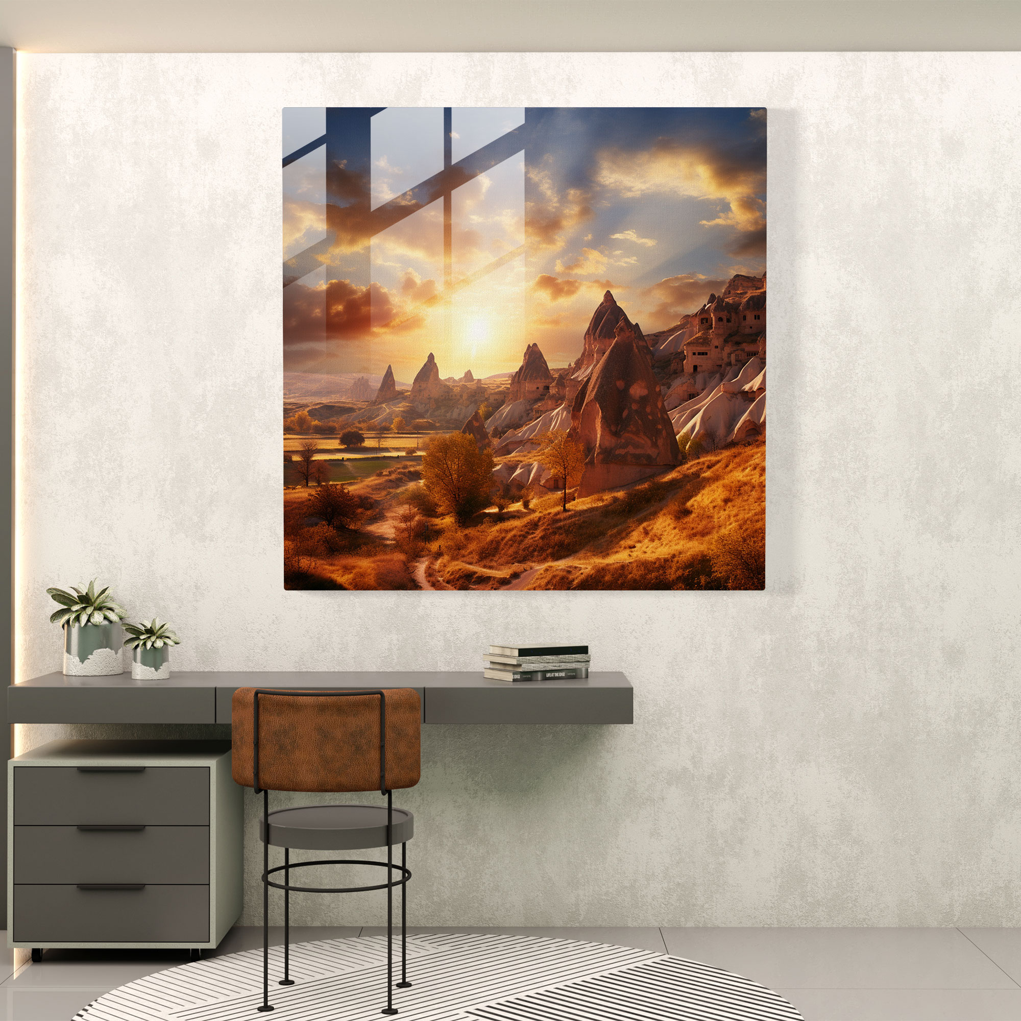 Goldener Horizont Glasbild - Elegantes Cappadocia Glaswandkunst für die Hausdekoration