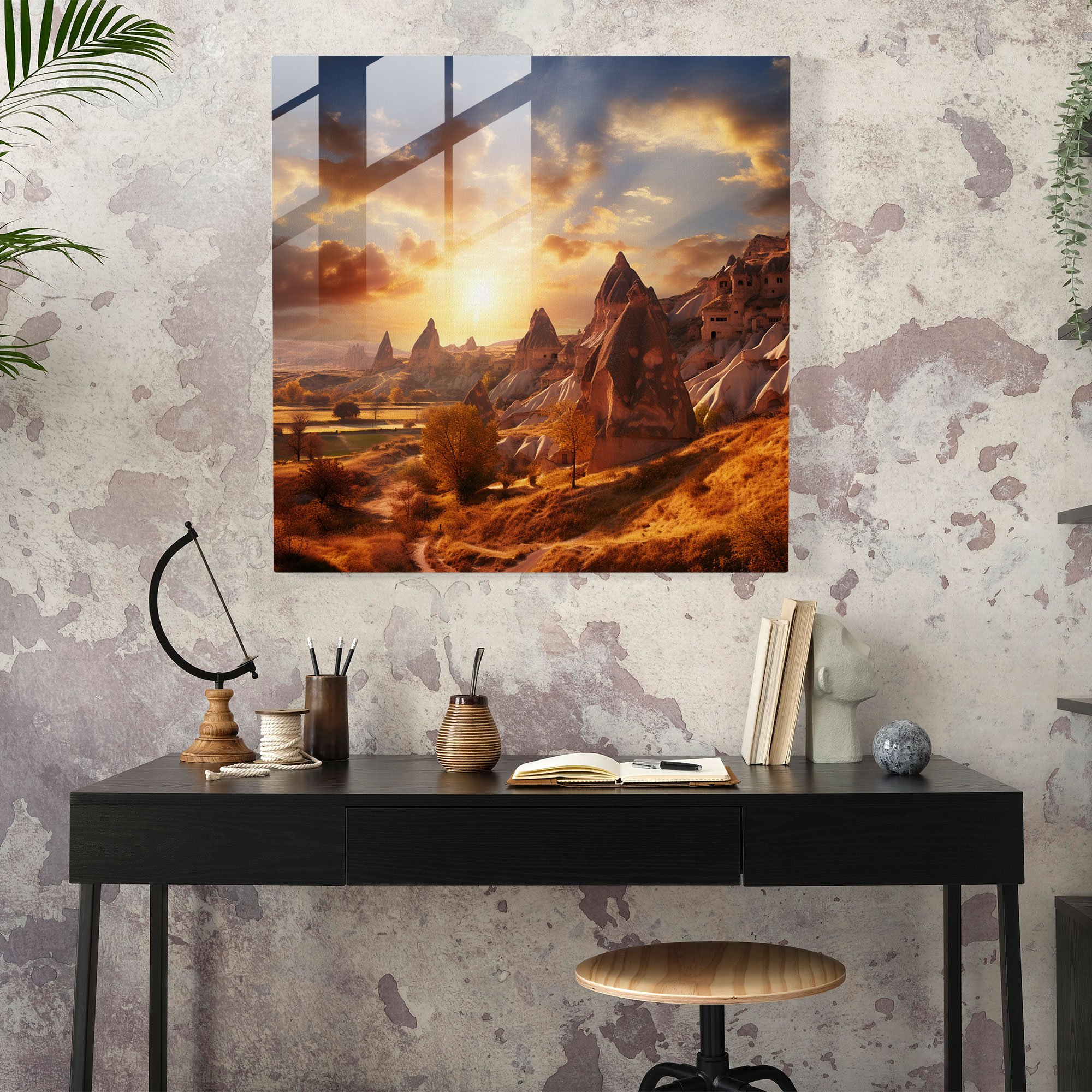 Goldener Horizont Glasbild - Elegantes Cappadocia Glaswandkunst für die Hausdekoration