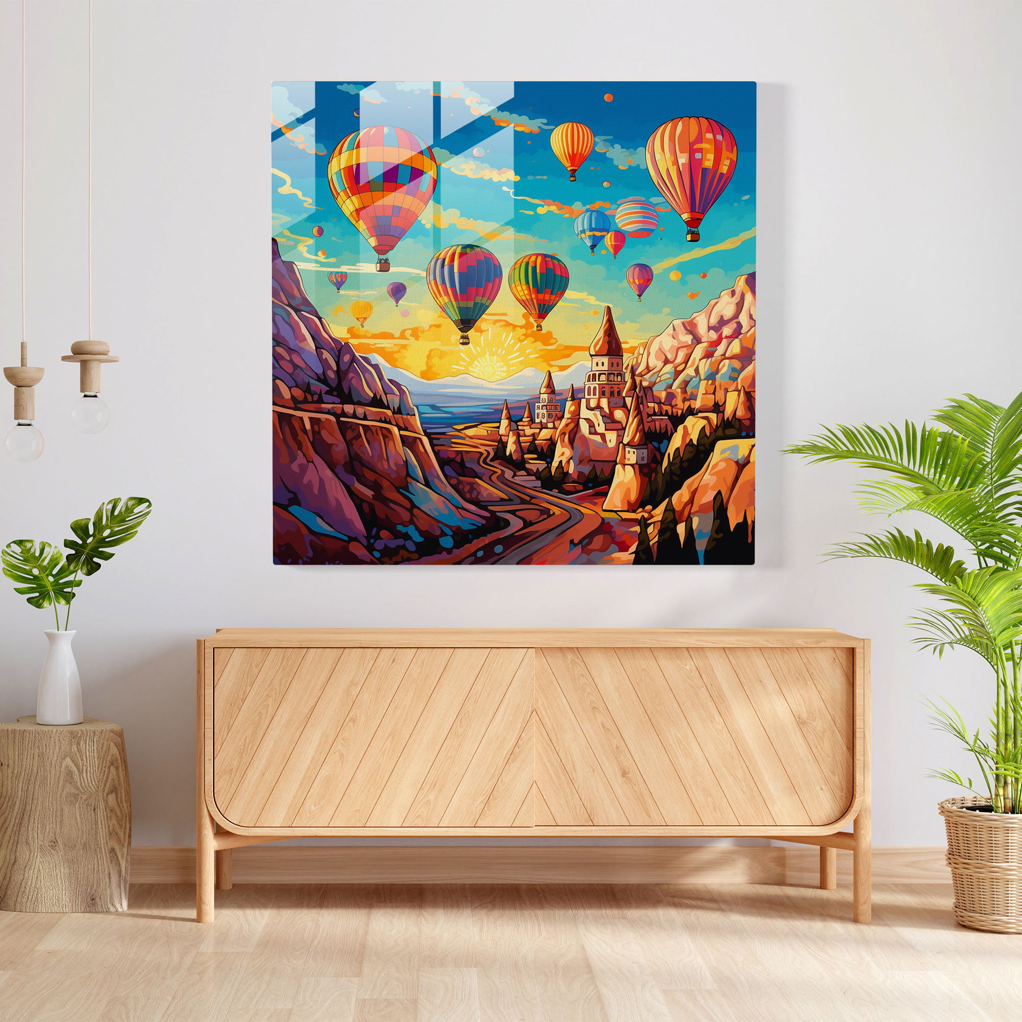 Canlı Pop Art Cam Tablolar - Kapadokya'daki Sıcak Hava Balon Festivali - Modern Duvar Dekorasyonu ve Ev Aksesuarı - Cam Duvar Sanatı