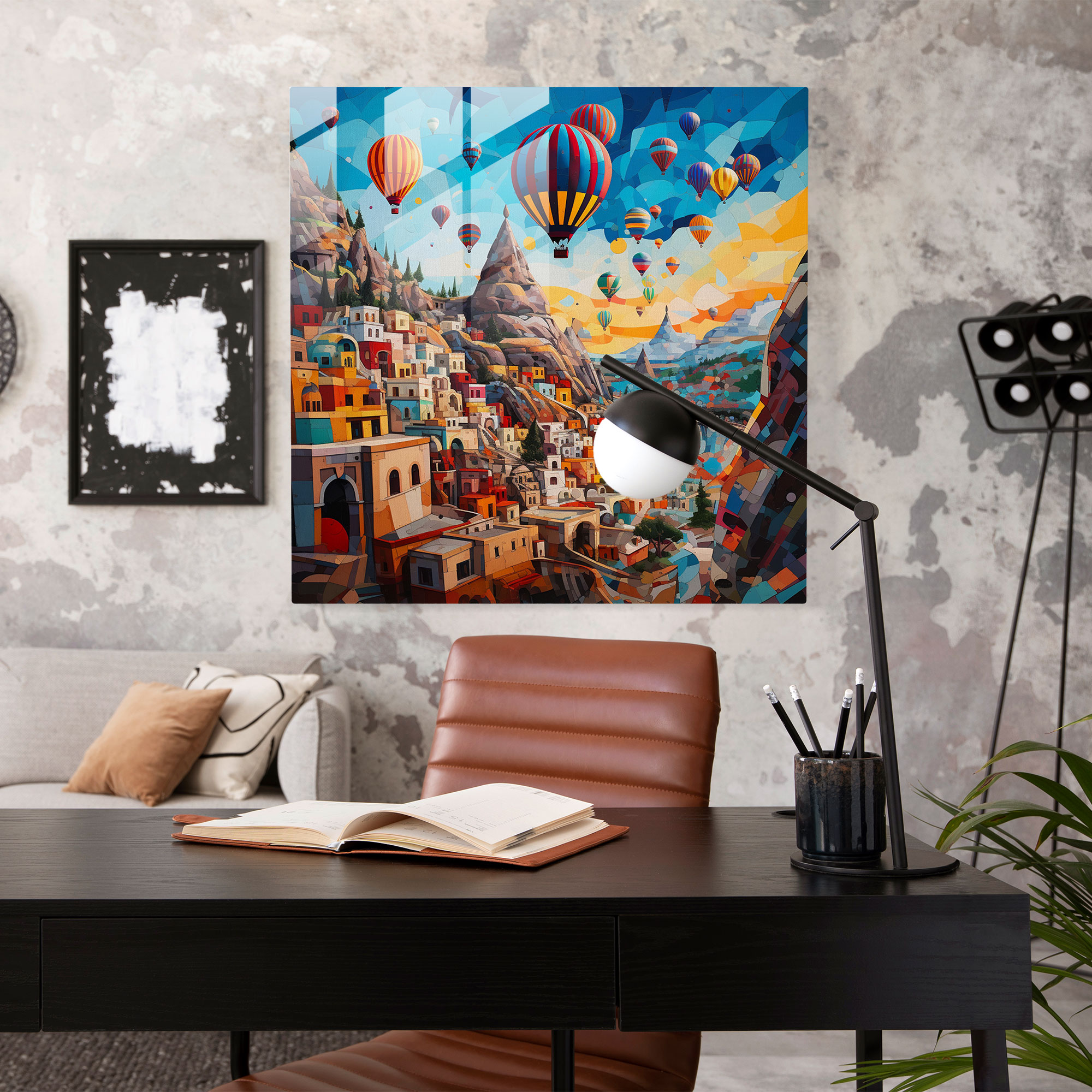 Eğlenceli Kapadokya Pop Art Kolaj Cam Tablo Duvar Sanatı Dekorasyonu