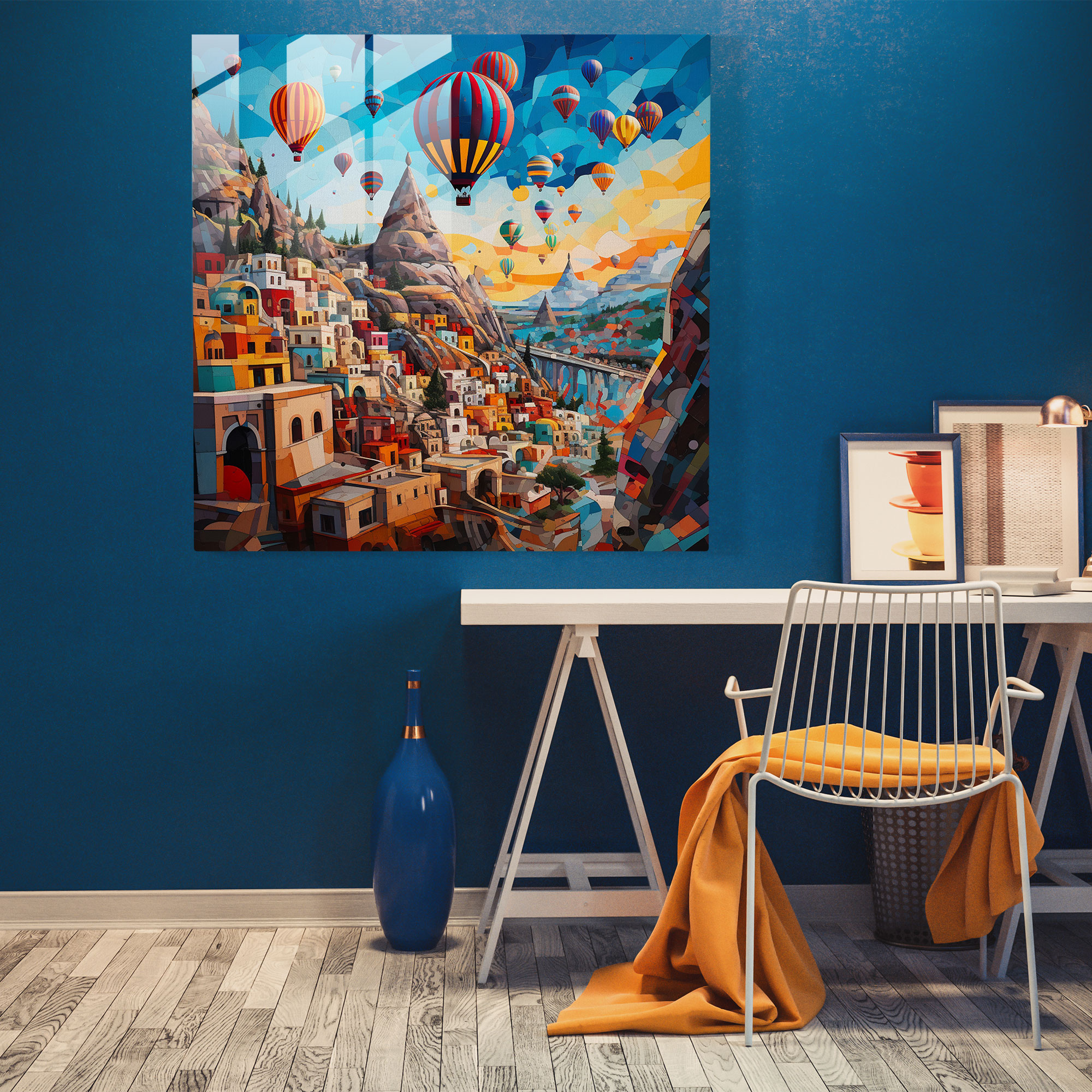 Eğlenceli Kapadokya Pop Art Kolaj Cam Tablo Duvar Sanatı Dekorasyonu