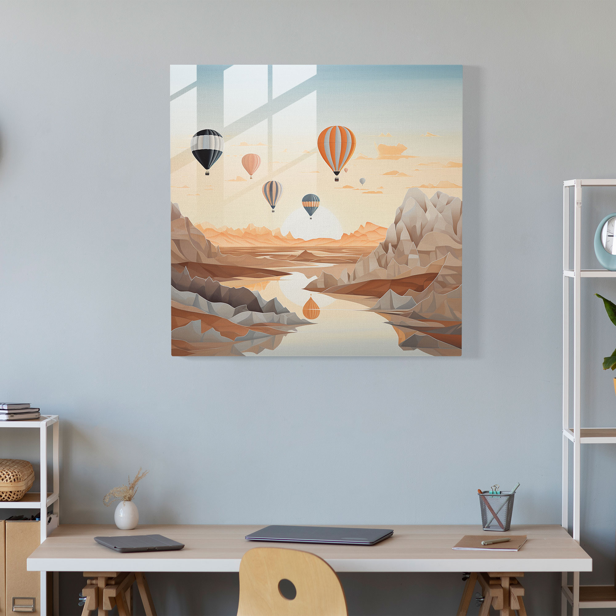Sade ve Minimalist Sıcak Hava Balonu Baskılı Cam Tablo Duvar Dekorasyonu