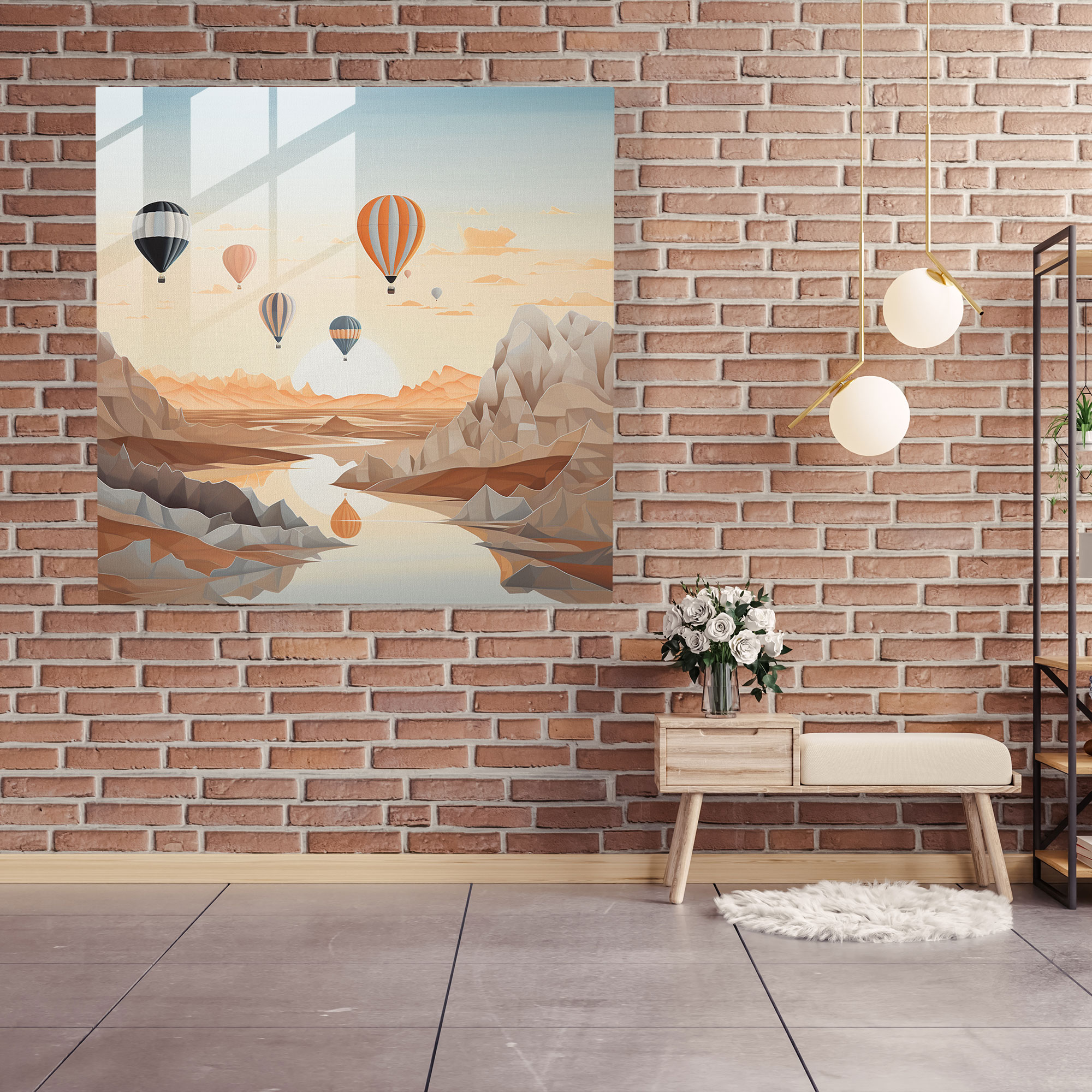 Sade ve Minimalist Sıcak Hava Balonu Baskılı Cam Tablo Duvar Dekorasyonu