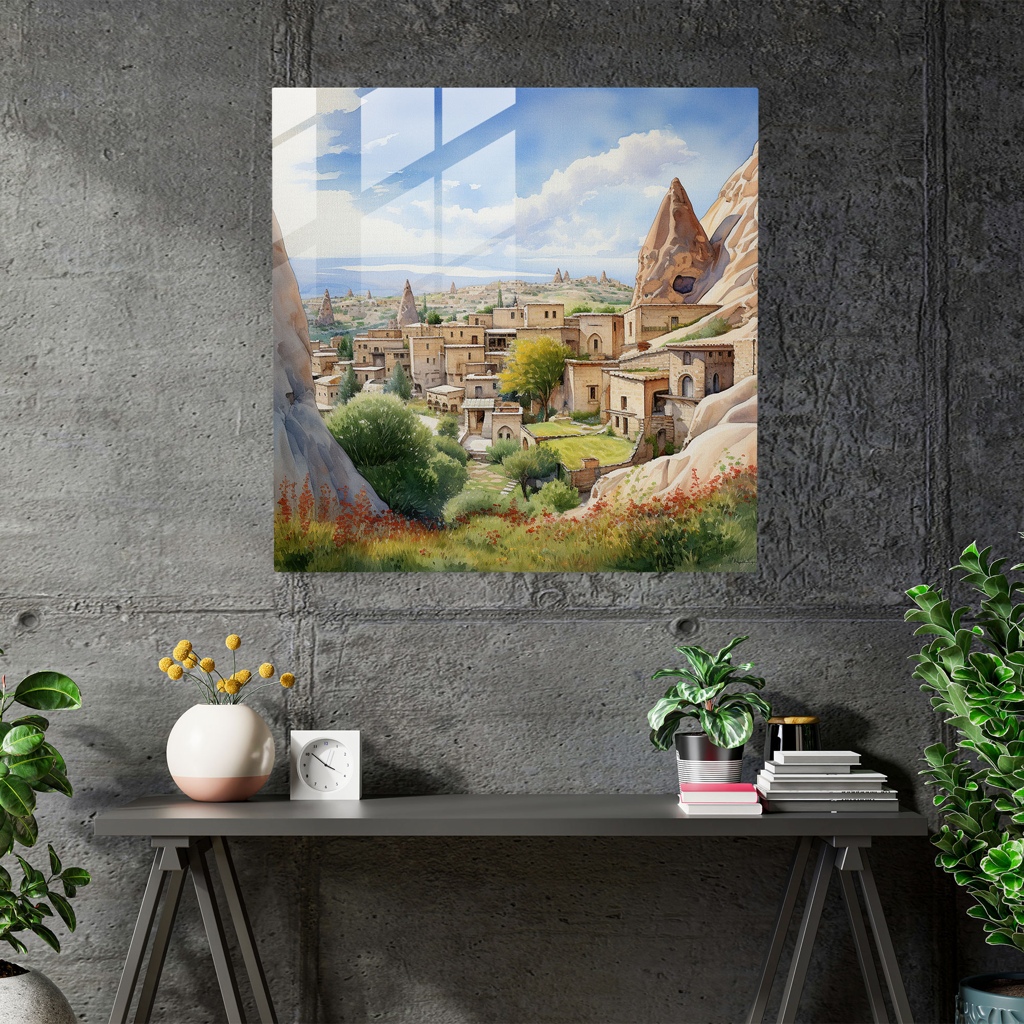 Panoramik Kapadokya Manzarası Suluboya Cam Tablo Duvar Sanatı Dekorasyonu
