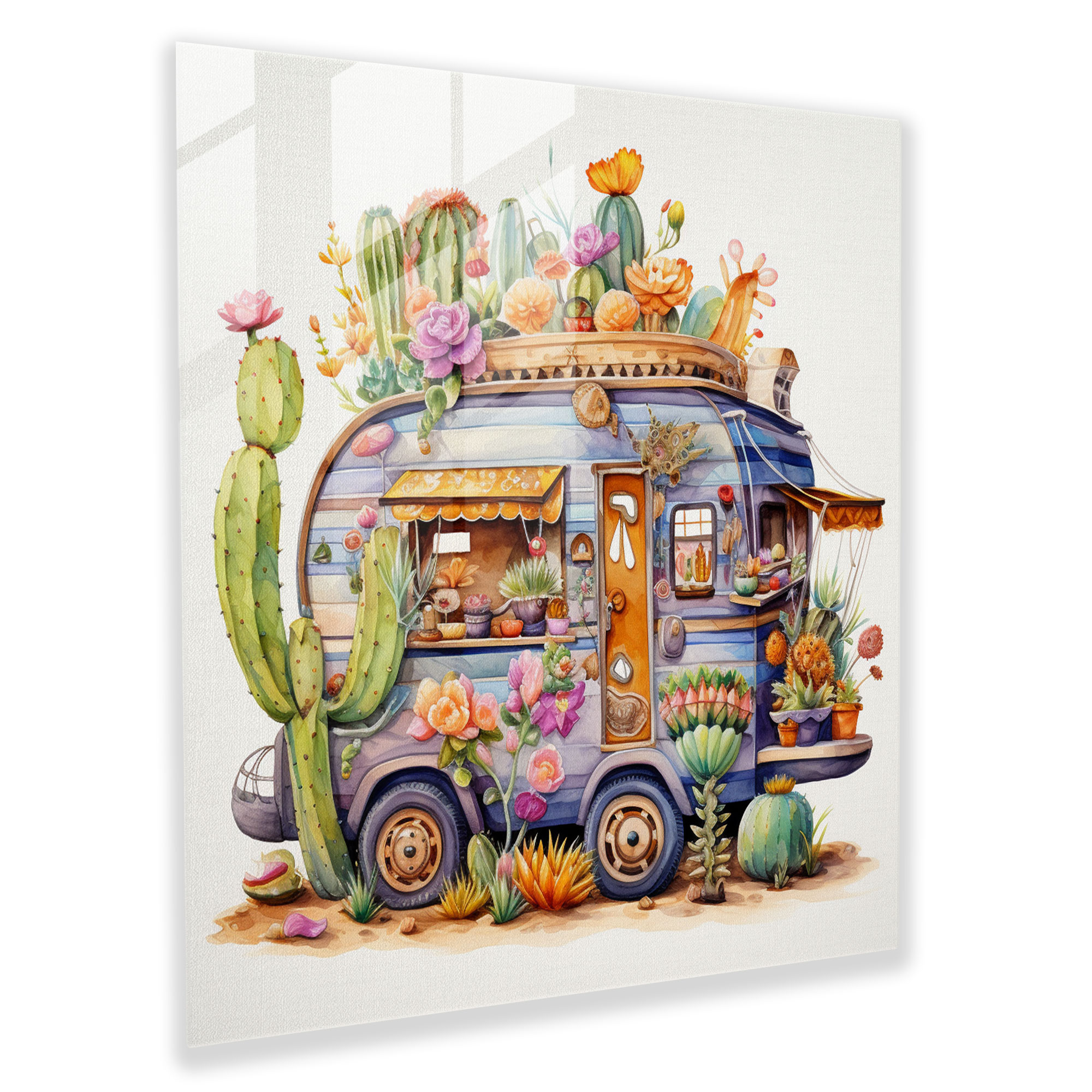Whimsical Caravan Glass Print - Caravan, Watercolor Illustration, Wall Decoration, Flowers