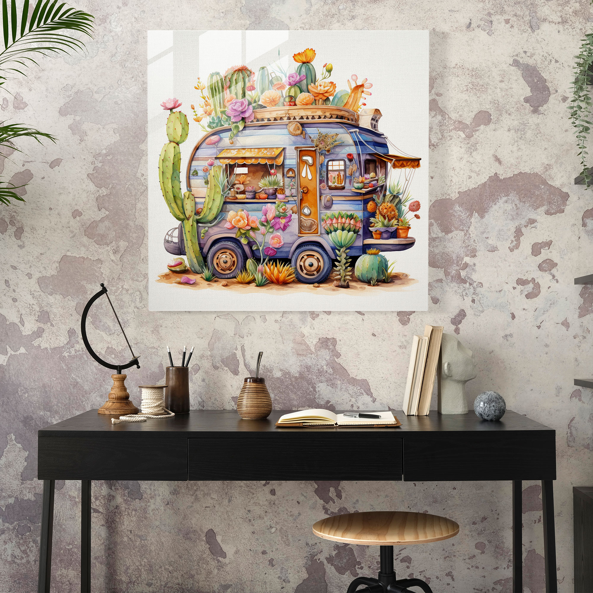 Whimsical Caravan Glass Print - Caravan, Watercolor Illustration, Wall Decoration, Flowers