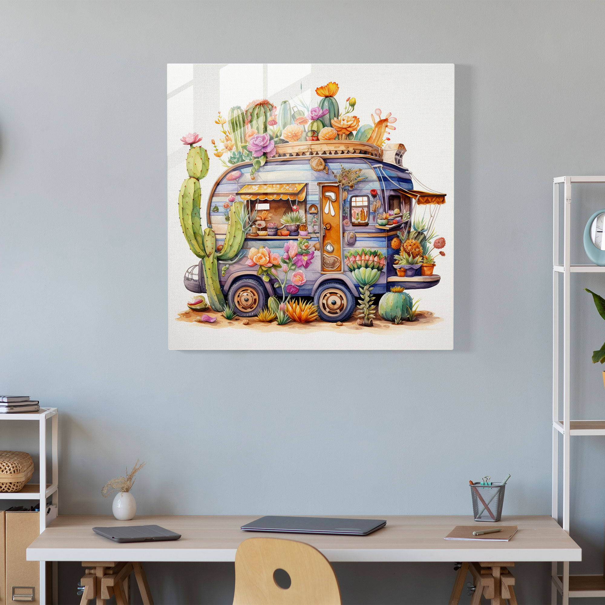 Whimsical Caravan Glass Print - Caravan, Watercolor Illustration, Wall Decoration, Flowers