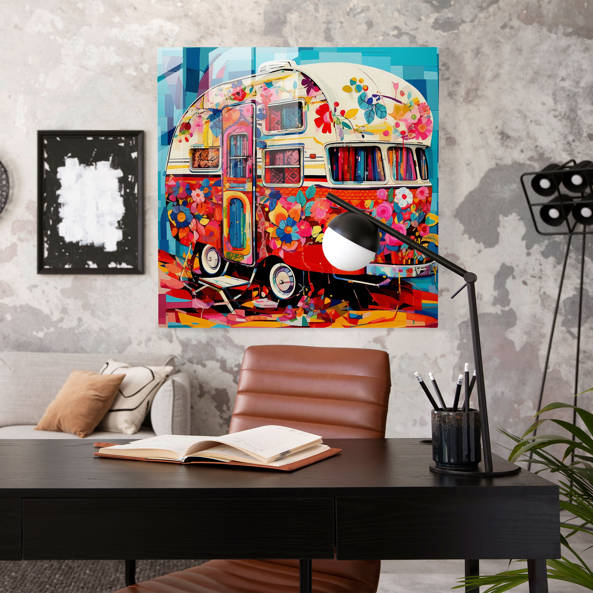 Retro Caravan Glass Print - Caravan, Glass Wall Art, Vibrant Patterns, Wall Decoration