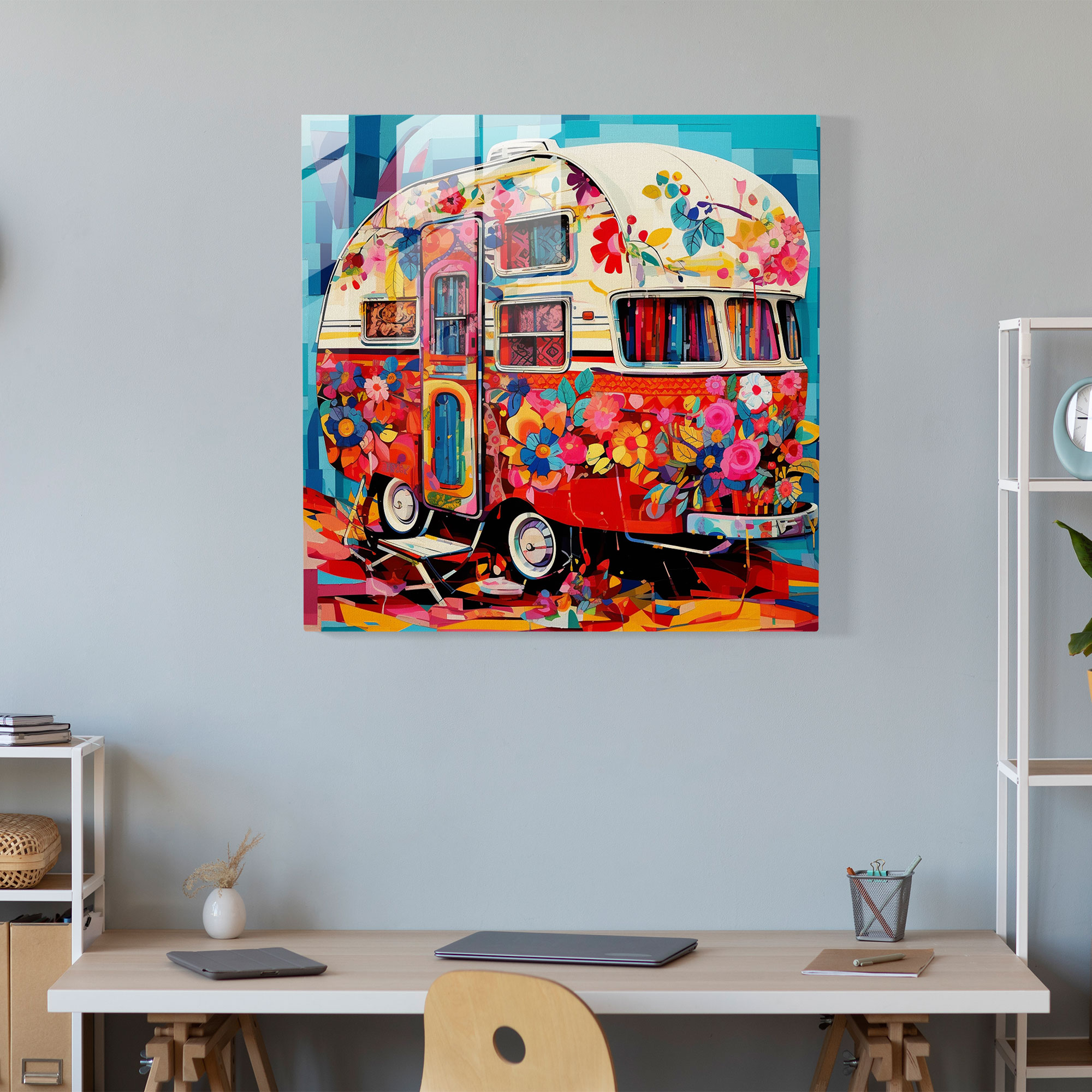 Retro Caravan Glass Print - Caravan, Glass Wall Art, Vibrant Patterns, Wall Decoration