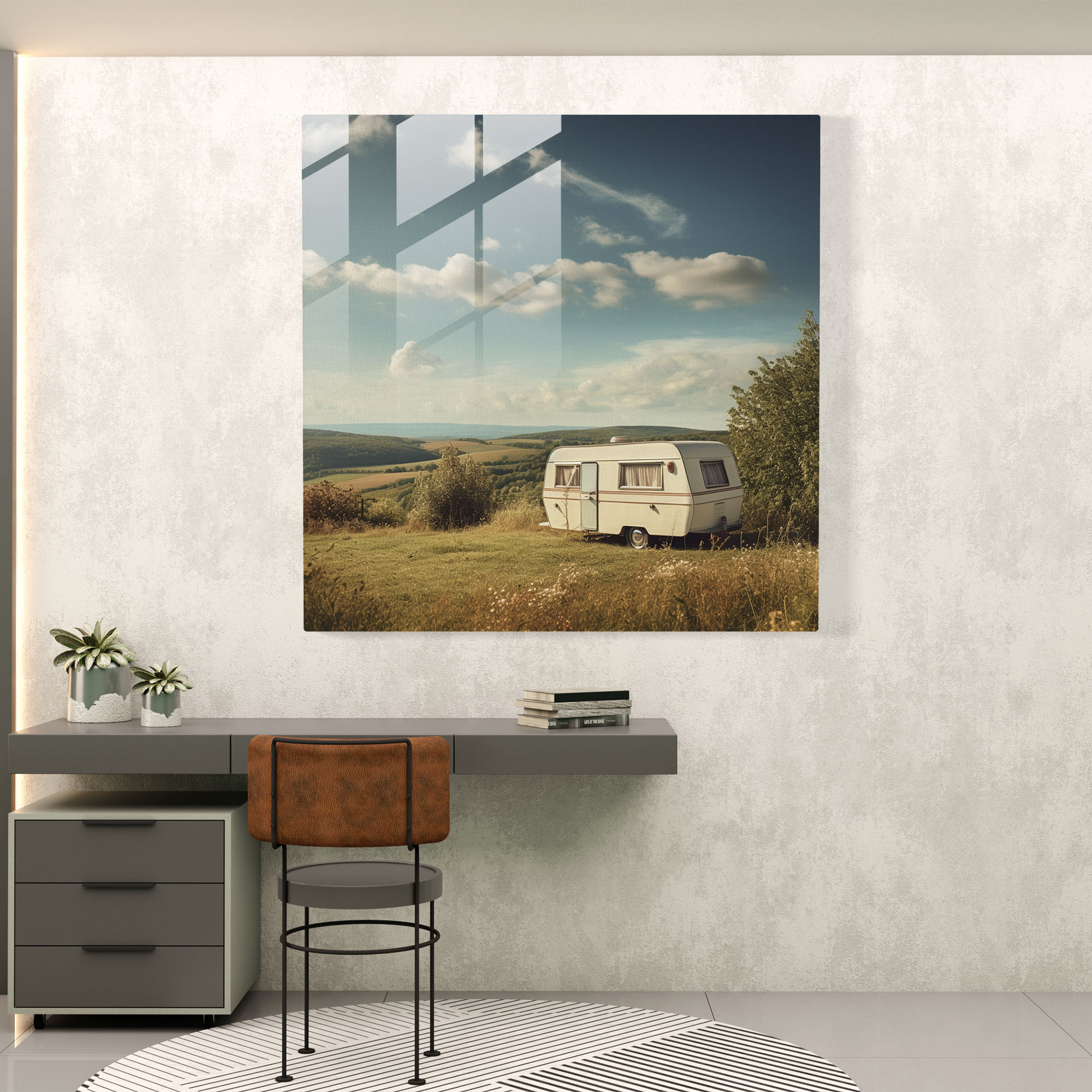 Vintage Countryside Caravan Glass Print - Caravan, Glass Print, Glass Art, Simplicity