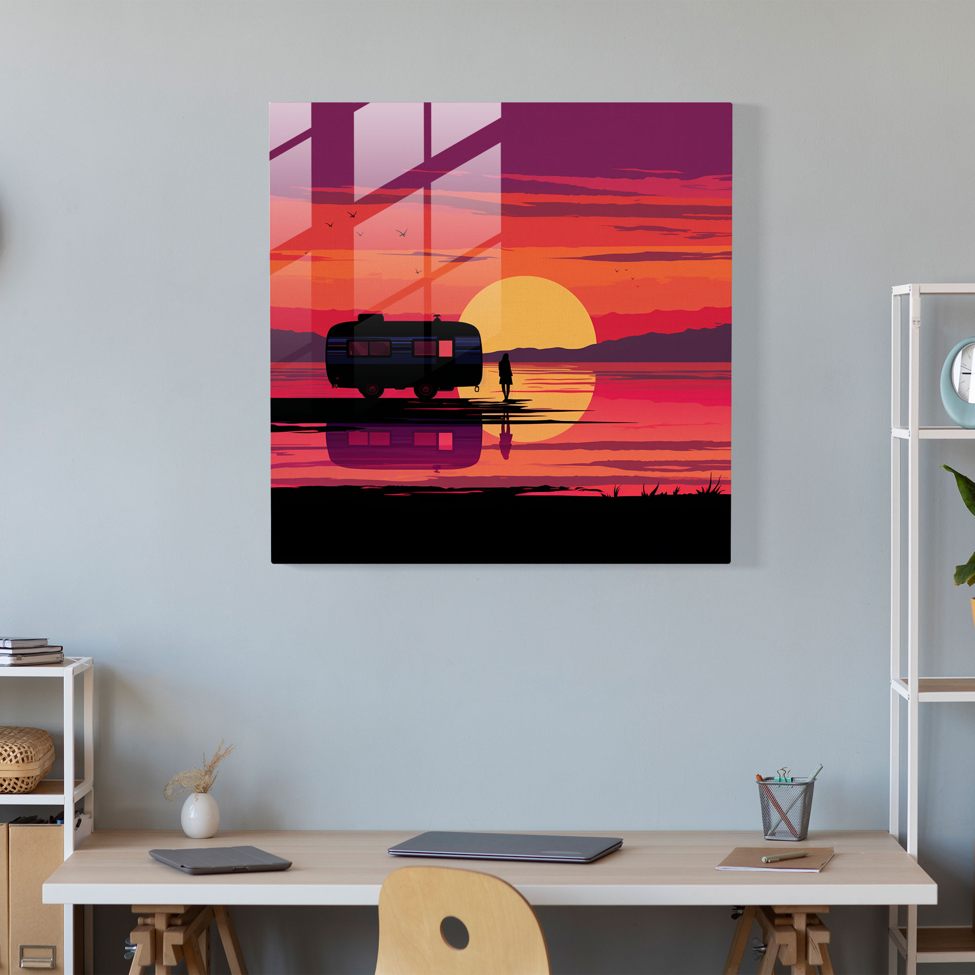 Sunset Caravan Glass Print - Caravan, Colorful Sunset, Glass Wall Art, Exploration